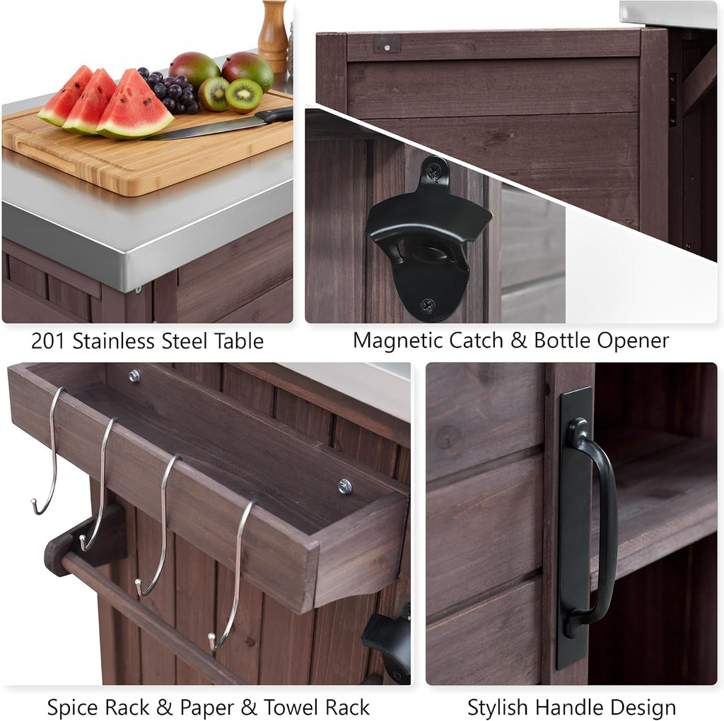 LUMISOL Outdoor Kitchen Island with Foldable Grill Table, Movable Prep Table with Stainless Steel Top, Rolling Kitchen Cart with Trash Can Storage, Outdoor Grill Cart for Parties, Dark Brown