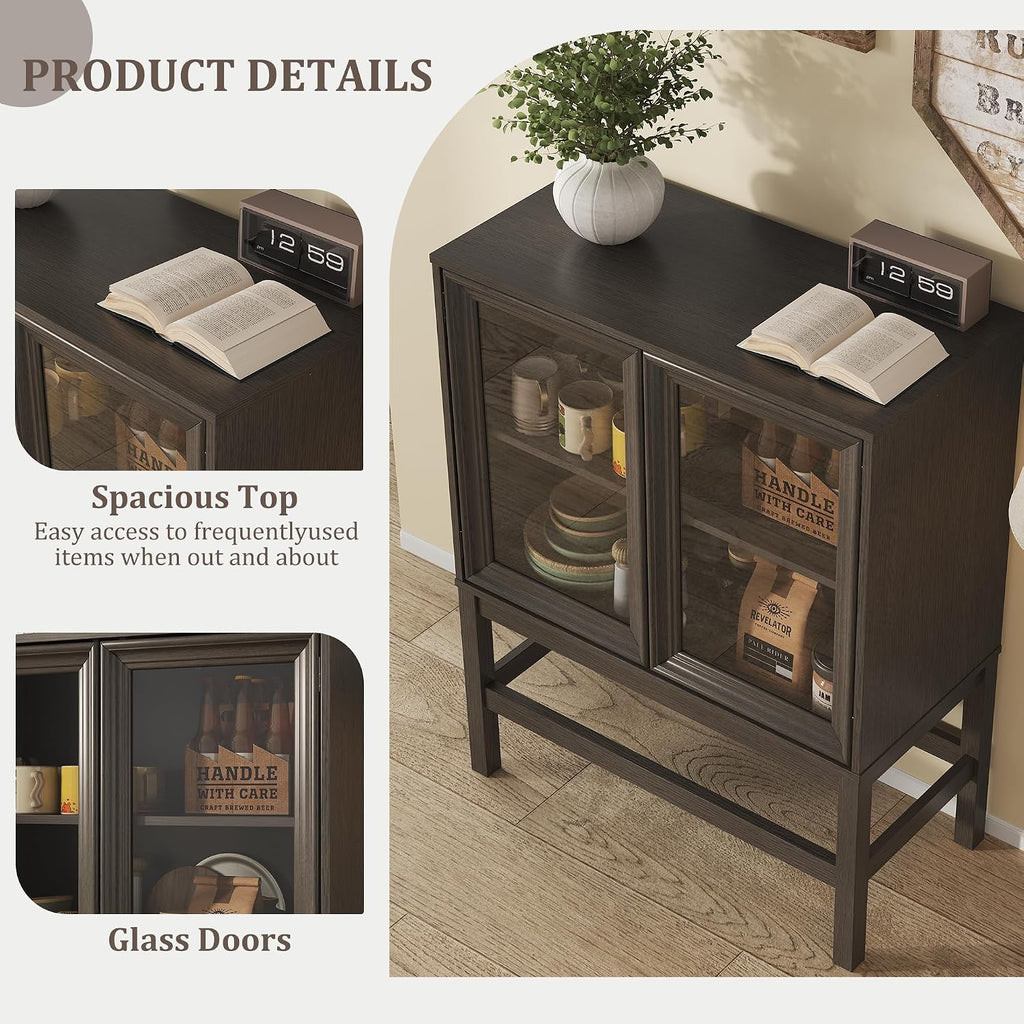 Sideboard Buffet Cabinet with Storage Set of 2, Small Kitchen Coffee Wine Bar Cabinet with Glass Doors, Wood Mid Century Modern Side Board Table for Dining Room, Living Room