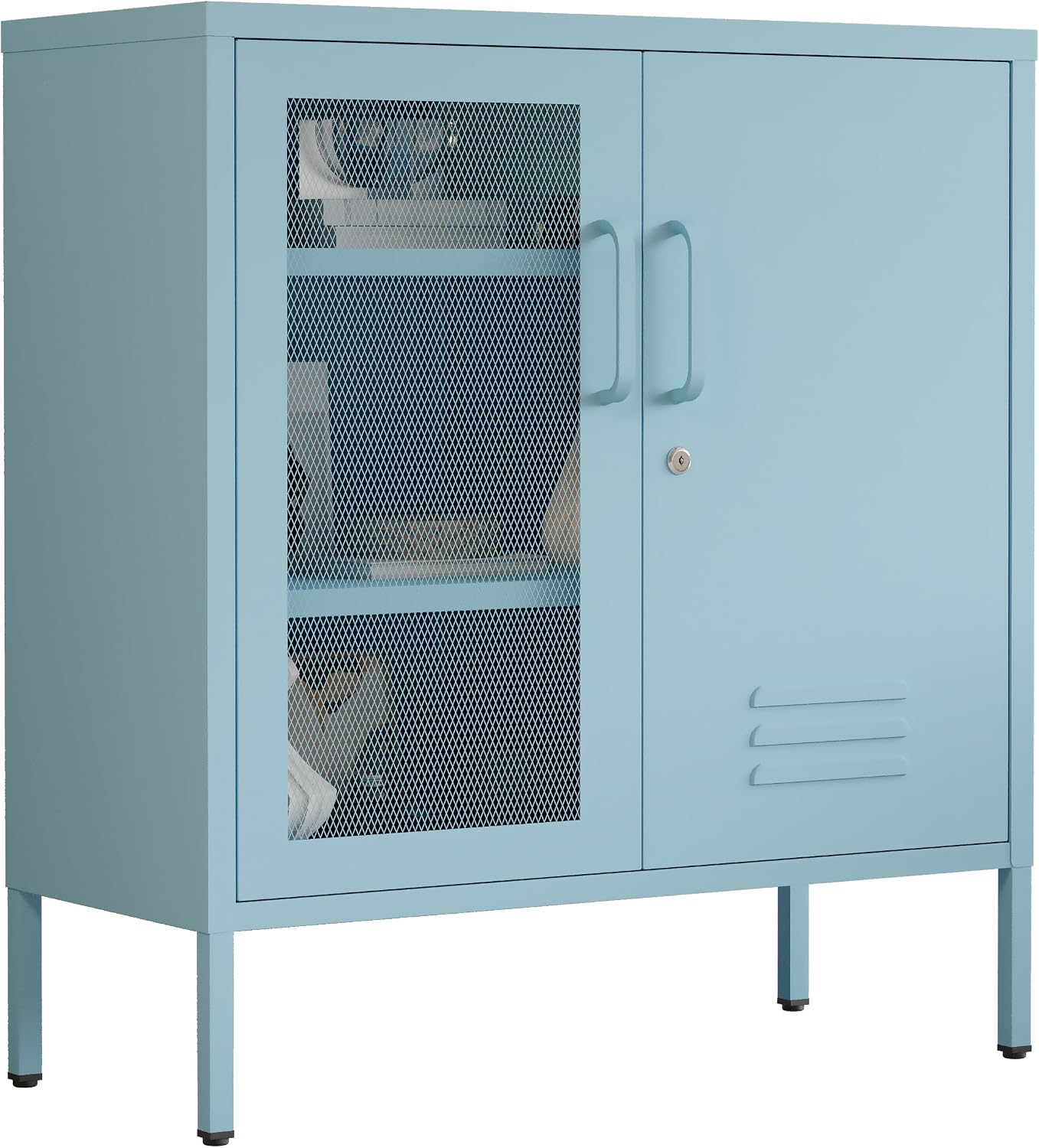 Blue Metal Storage Cabinet with Lock 3-Tier Freestanding Locker Organizer with Mesh Ventilated Door Multipurpose Accent Cabinet Locker Adjustable legs For Hallway, Living Room, Entryway, Home Office