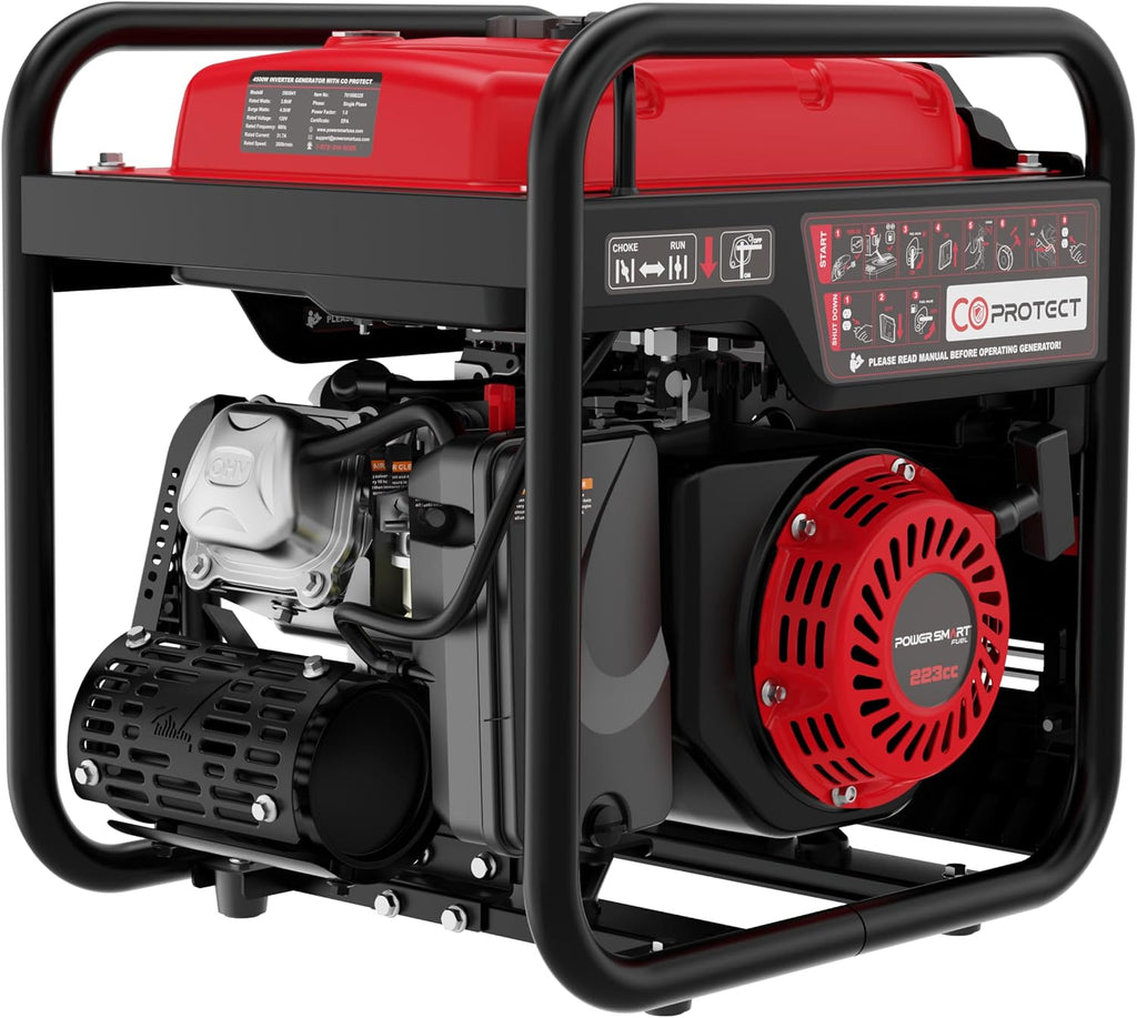 PowerSmart 4500W Portable Inverter Generator with CO Alarm, 223cc Gas Powered Engine, Quiet Run for RV Ready, Home Backup, Emergency, & Camping, EPA Compliant, Parallel Ready