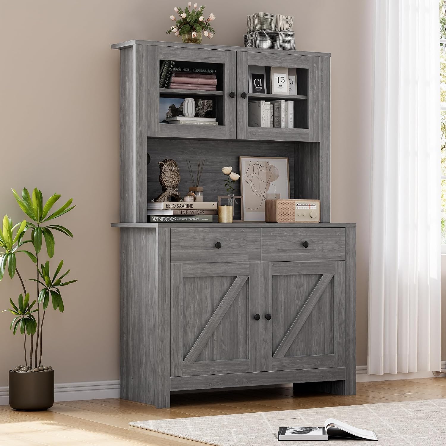 63' Tall Farmhouse Kitchen Pantry Cabinet with Microwave Stand, Freestanding Pantry Hutch Cabinet with Adjustable Shelves, Drawers & Countertop, Buffet Cupboard for Dining & Living Room Storage, Grey