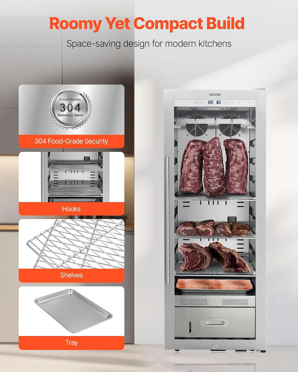 VEVOR 232 LBS Dry Aging Fridge for Steaks, Dry Ager Refrigerator for Meat with Precise Temperature & Humidity Control, Freestanding Beef Aging Machine Refrigerator, Himalayan Salt Not Included