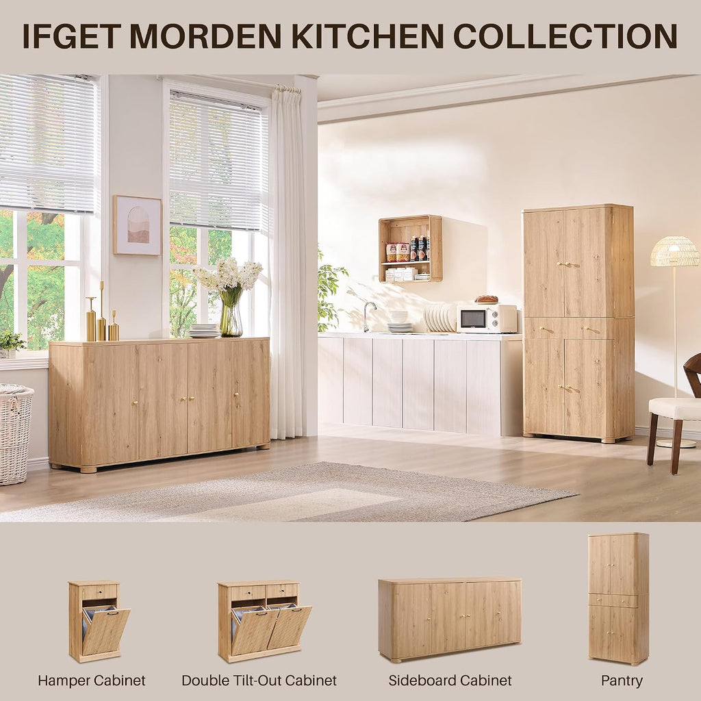 IFGET Curved Buffet Cabinet with Doors, 66' Large Sideboard Buffet Storage Cabinet with 4 Doors and Shleves, Modern Coffee Bar Station Wood Kitchen Table for Kitchen, Dining Room, Natural