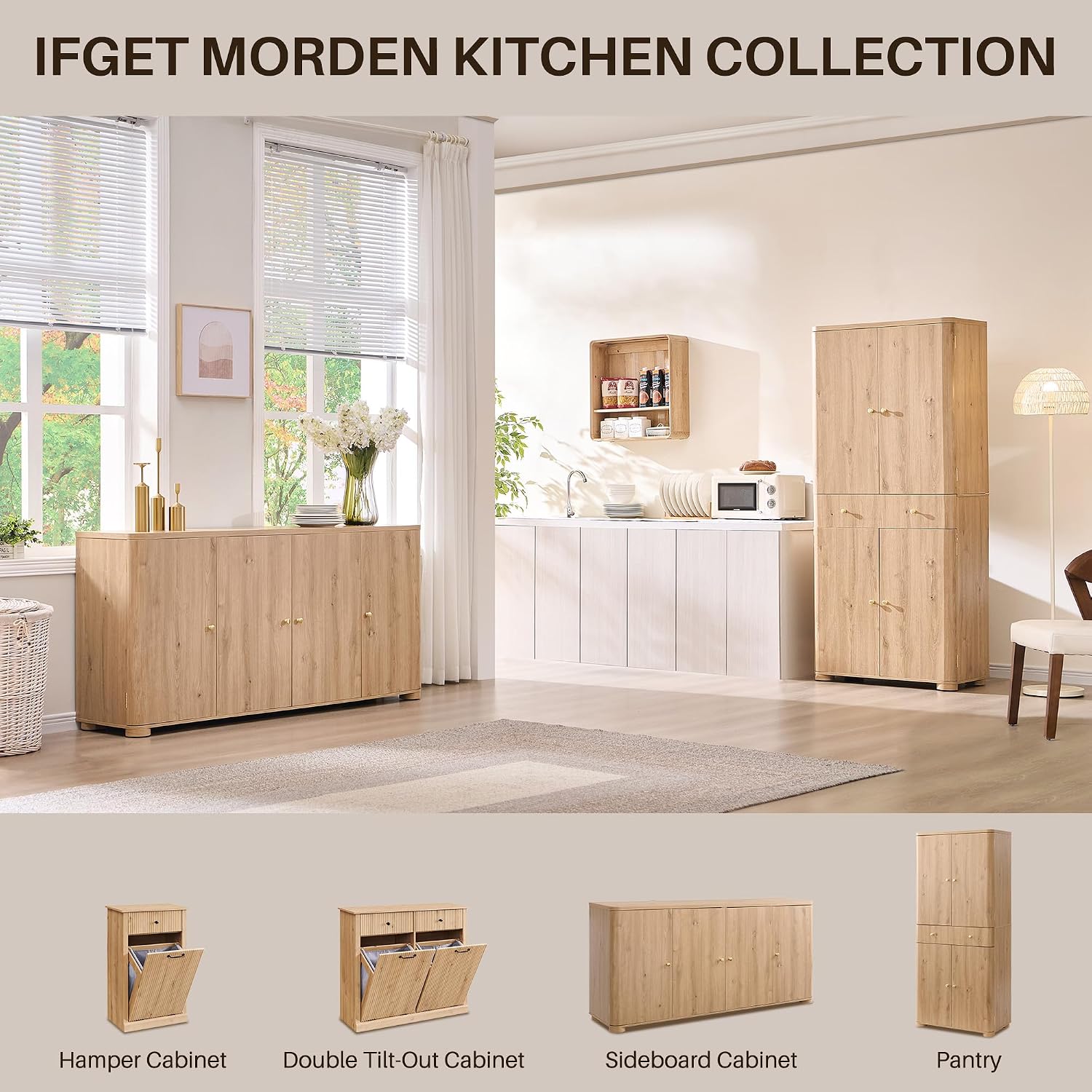 IFGET Curved Buffet Cabinet with Doors, 66' Large Sideboard Buffet Storage Cabinet with 4 Doors and Shleves, Modern Coffee Bar Station Wood Kitchen Table for Kitchen, Dining Room, Natural