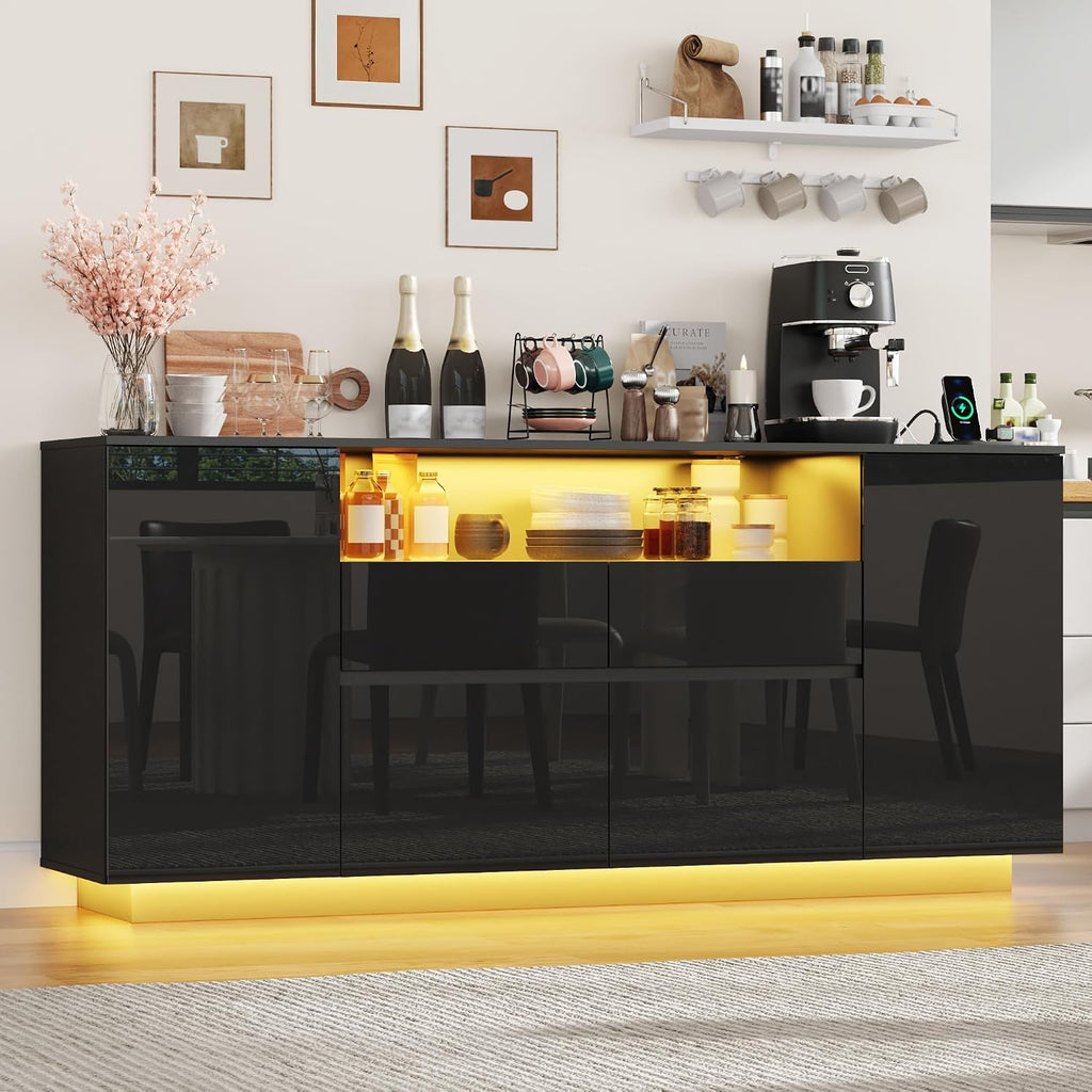 70 Inch Sideboard Buffet Cabinet with Storage, Kitchen Buffet Storage Cabinet with Power Outlets & LED Light, Coffee Bar Console Wine Bar with 2 Drawers & Door Shelves for Living Room, Kitchen, Black