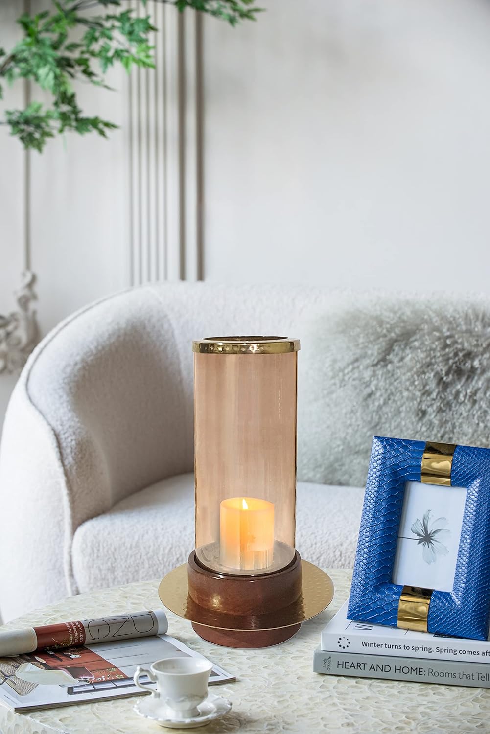 A&B Home Acacia Wood Candle Holder - Wood Candle Holder with Glass Hurricane, Decorative Tabletop Lighting, Living Room Coffee Table Accent Piece Dining Table Centerpiece, 8' x 8' x 14'