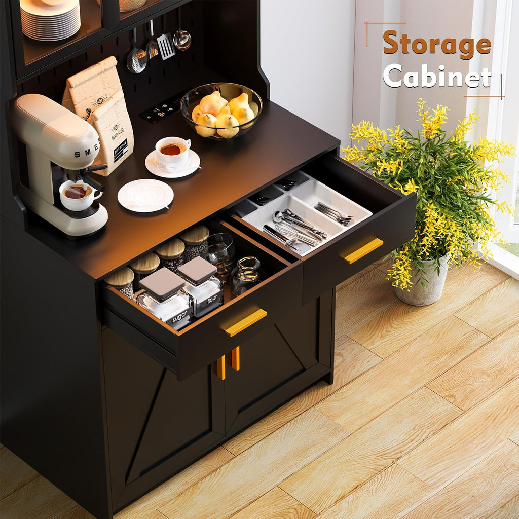 LED Kitchen Pantry Cabinet with Outlets, Farmhouse Storage Cabinet with Drawers & Adjustable Shelves, 64' Tall Cupboard with Pegboard & Hooks for Dining Room, Living Room