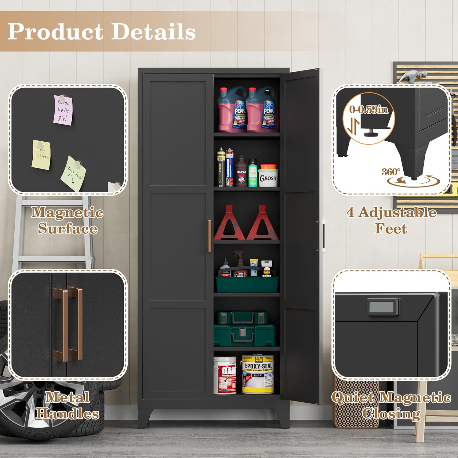 74.8' Black Freestanding Metal Pantry Cabinet, Magnetic Doors & 5 Adjustable Shelves, Anti-Tip Closed Storage Cupboard for Kitchen, Laundry, Garage & Home Office