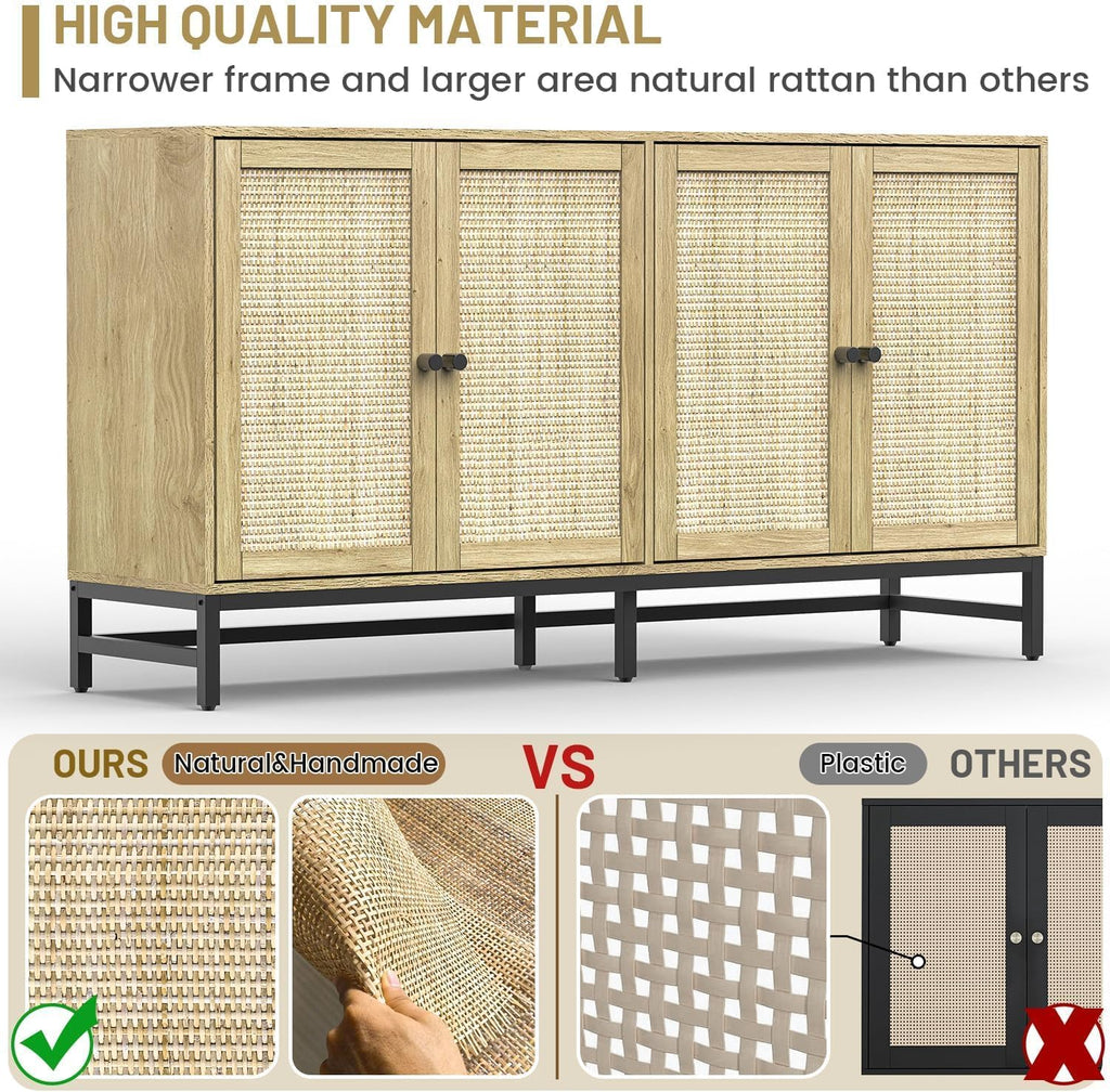 ZLWJGY Rattan Sideboard Buffet Cabinet, Natural Storage Credenza Accent Cabinet with 4 Doors, 59' Large Mid Century Modern Console Table for Kitchen, Living Room and Dining Room