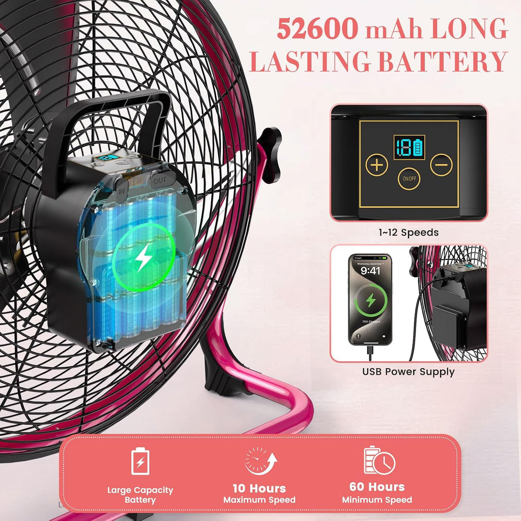 18' Solar Powered Floor Fan, 40W Cordless Fan Outdoor, Long Lasting Battery Operated and Strong Airflow, USB Output, 360° Tilt, Quiet, Wireless, For Camping Travel Home Garage RV Patio