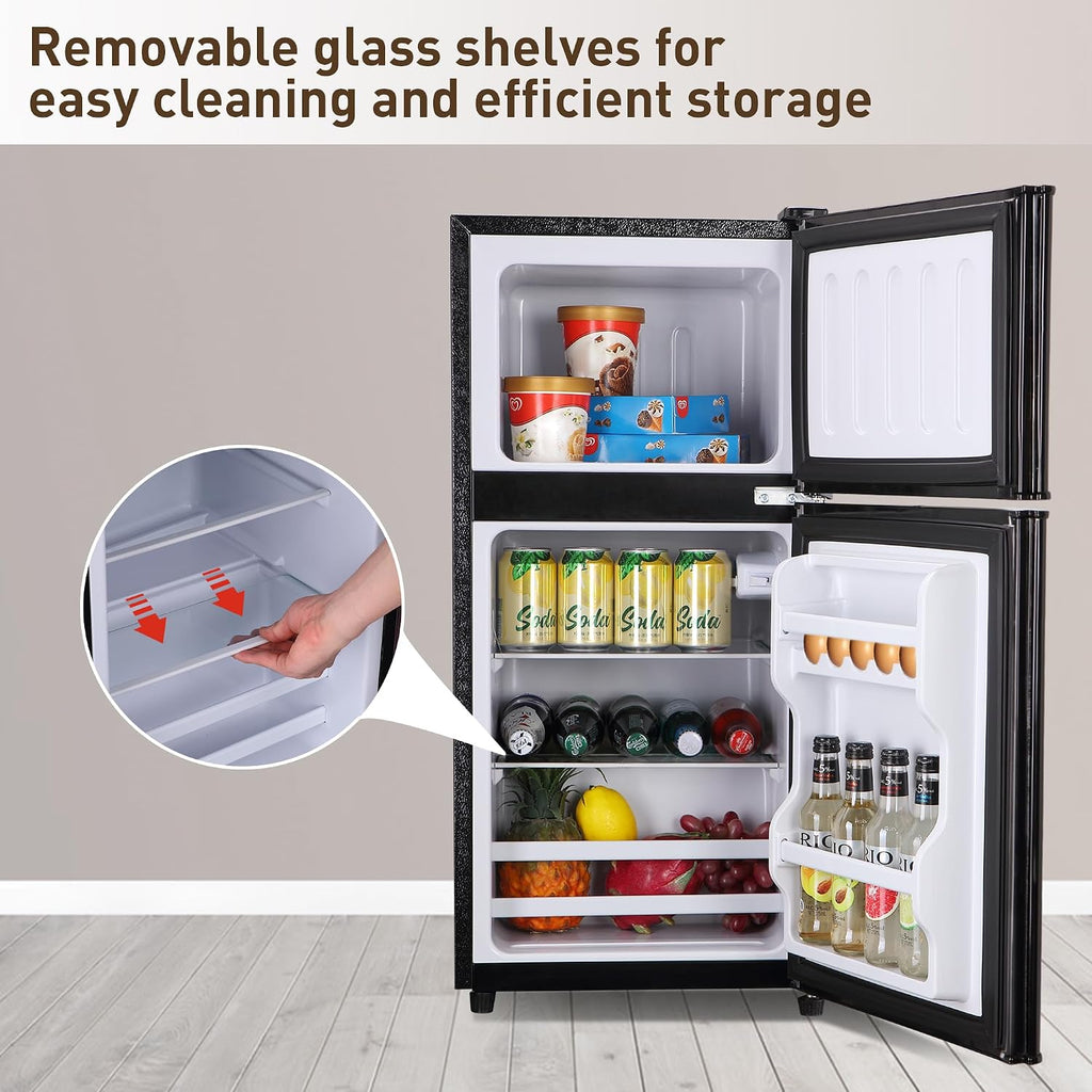 Dorm Fridge 3.2 Cu. Ft., Refrigerator for Apartment with Freezer, 7-Level Adjustable Thermostat, Removable Shelves, Compact Mini Fridge with Freezer for Kitchen, Dorm, Office, Black