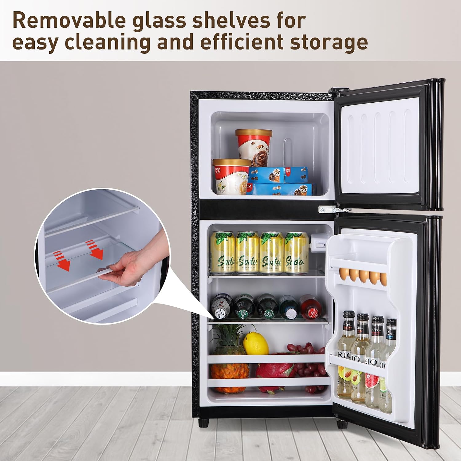 Dorm Fridge 3.2 Cu. Ft., Refrigerator for Apartment with Freezer, 7-Level Adjustable Thermostat, Removable Shelves, Compact Mini Fridge with Freezer for Kitchen, Dorm, Office, Black