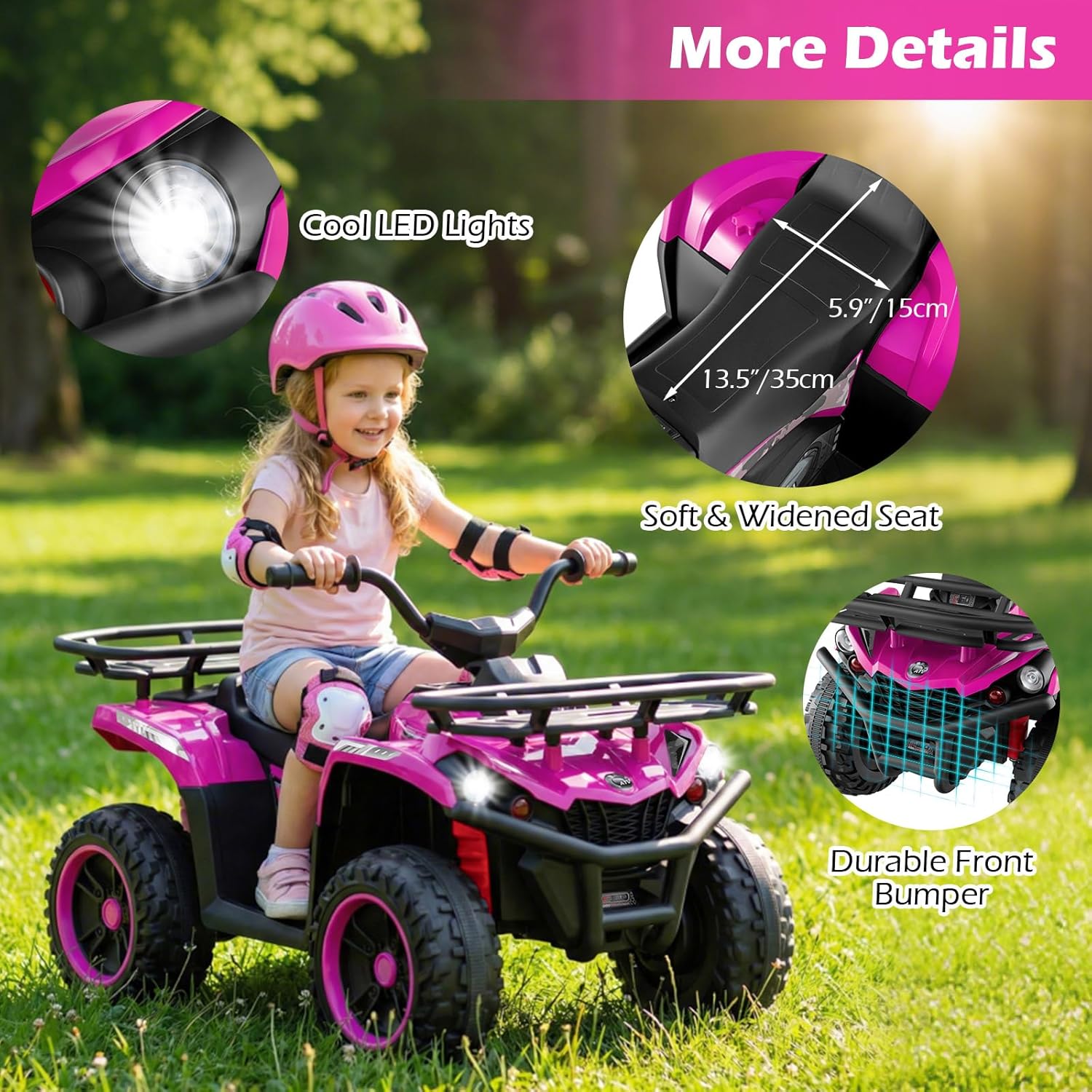 OLAKIDS 12V Kids ATV Quad with 2 Speeds, Spring Suspension, LED Lights, Music & Story Player, Big Tires, 2 Storage Spaces, Ride On Car for Boys Girls Ages 3+ (24V, Light Pink)