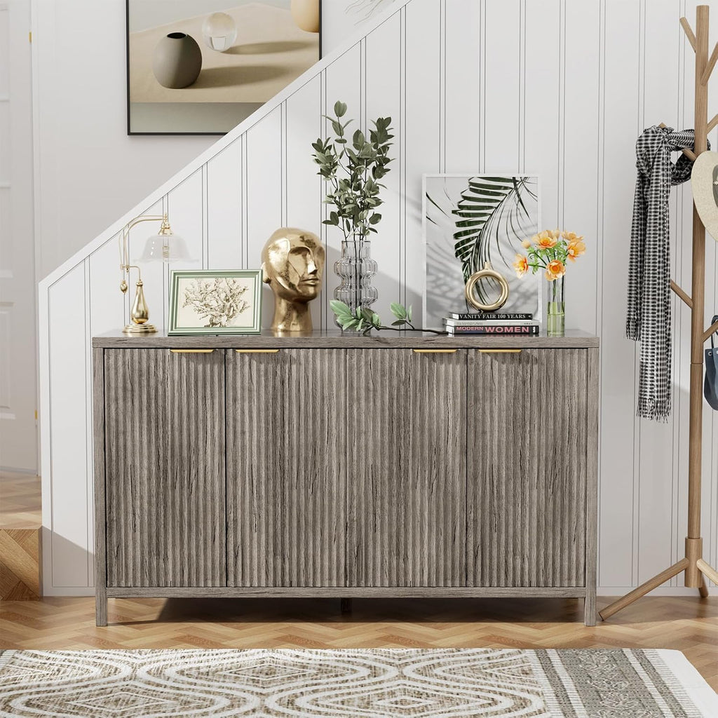 Fluted Sideboard Buffet Cabinet, 55' Large Storage Buffet Cabinet with 4 Doors and Adjustable Shelves, Modern Sideboard Console Table for Living Room,Entryway,Dinning Room,Kitchen-Grey