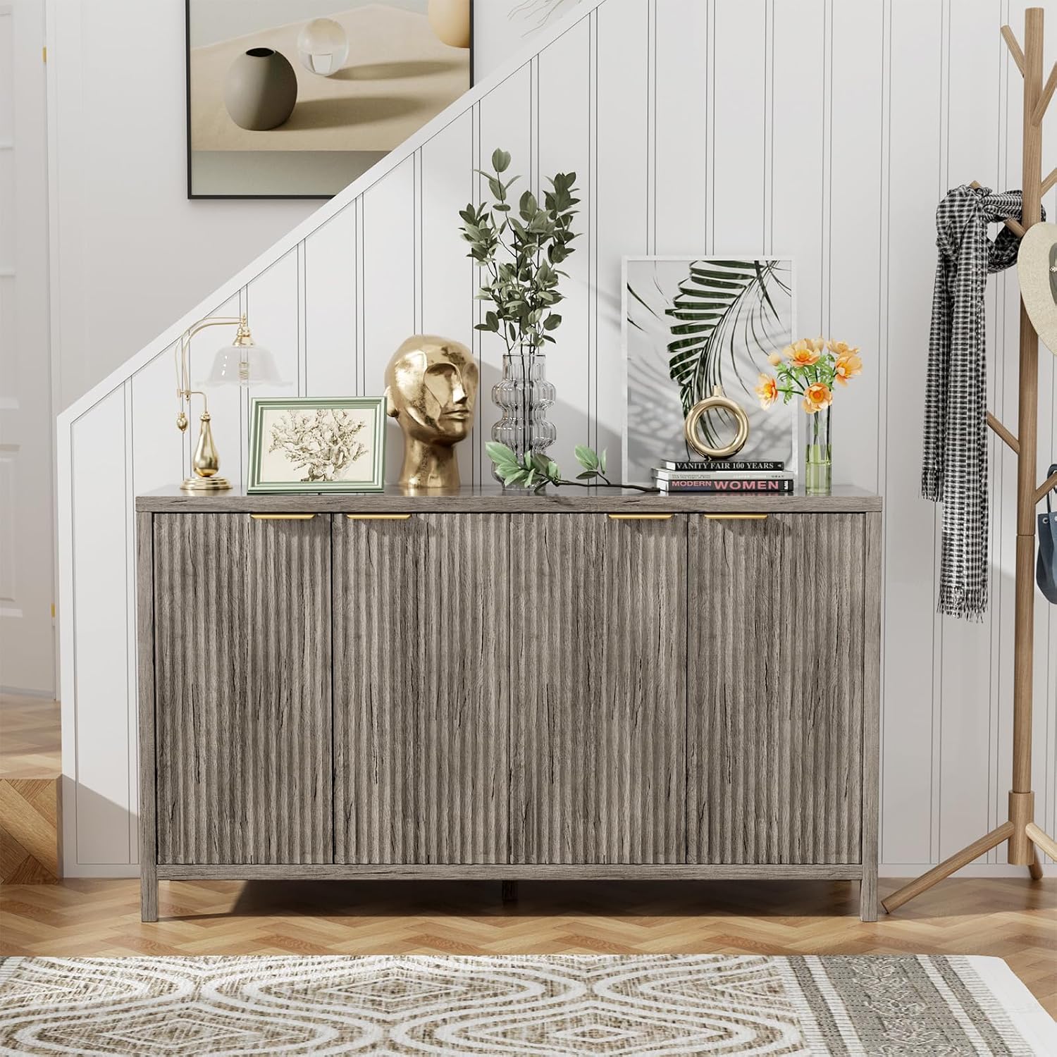 Fluted Sideboard Buffet Cabinet, 55' Large Storage Buffet Cabinet with 4 Doors and Adjustable Shelves, Modern Sideboard Console Table for Living Room,Entryway,Dinning Room,Kitchen-Grey
