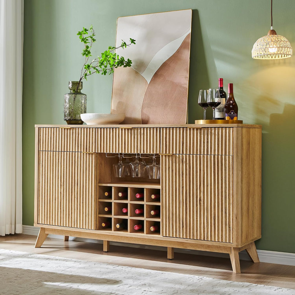 OKD 60' Fluted Wine Bar Cabinet, Mid-Century Modern Sideboard, Natural Oak | 3 Spacious Drawers, 3 Stemware Racks, 12 Wine Racks, Tapered Wood Legs, Adjustable Shelves, Sideboard Storage