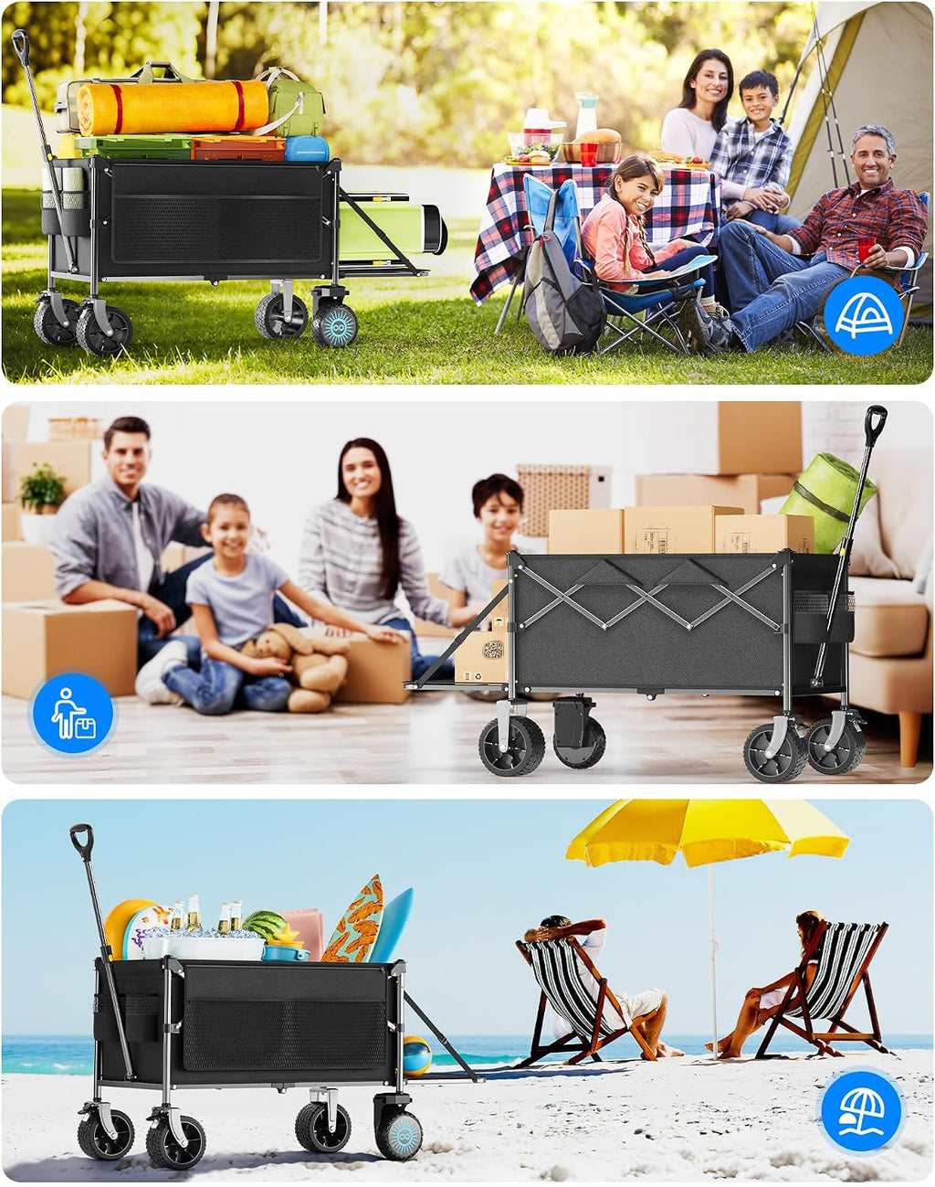 Everyfun Electric Utility Wagon Cart–330 lb Load, 180 L Foldable Beach Wagon with Remote, 4-Speed, All-Terrain Wheels for Camping, Beach, Garden & Shopping, Black