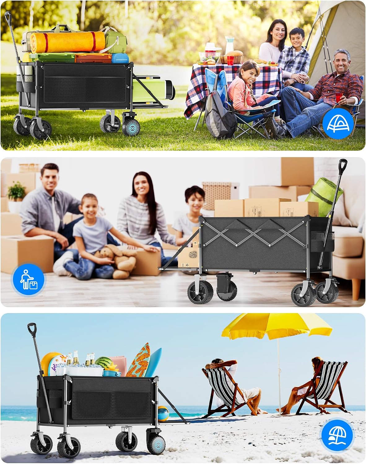Everyfun Electric Utility Wagon Cart–330 lb Load, 180 L Foldable Beach Wagon with Remote, 4-Speed, All-Terrain Wheels for Camping, Beach, Garden & Shopping, Black