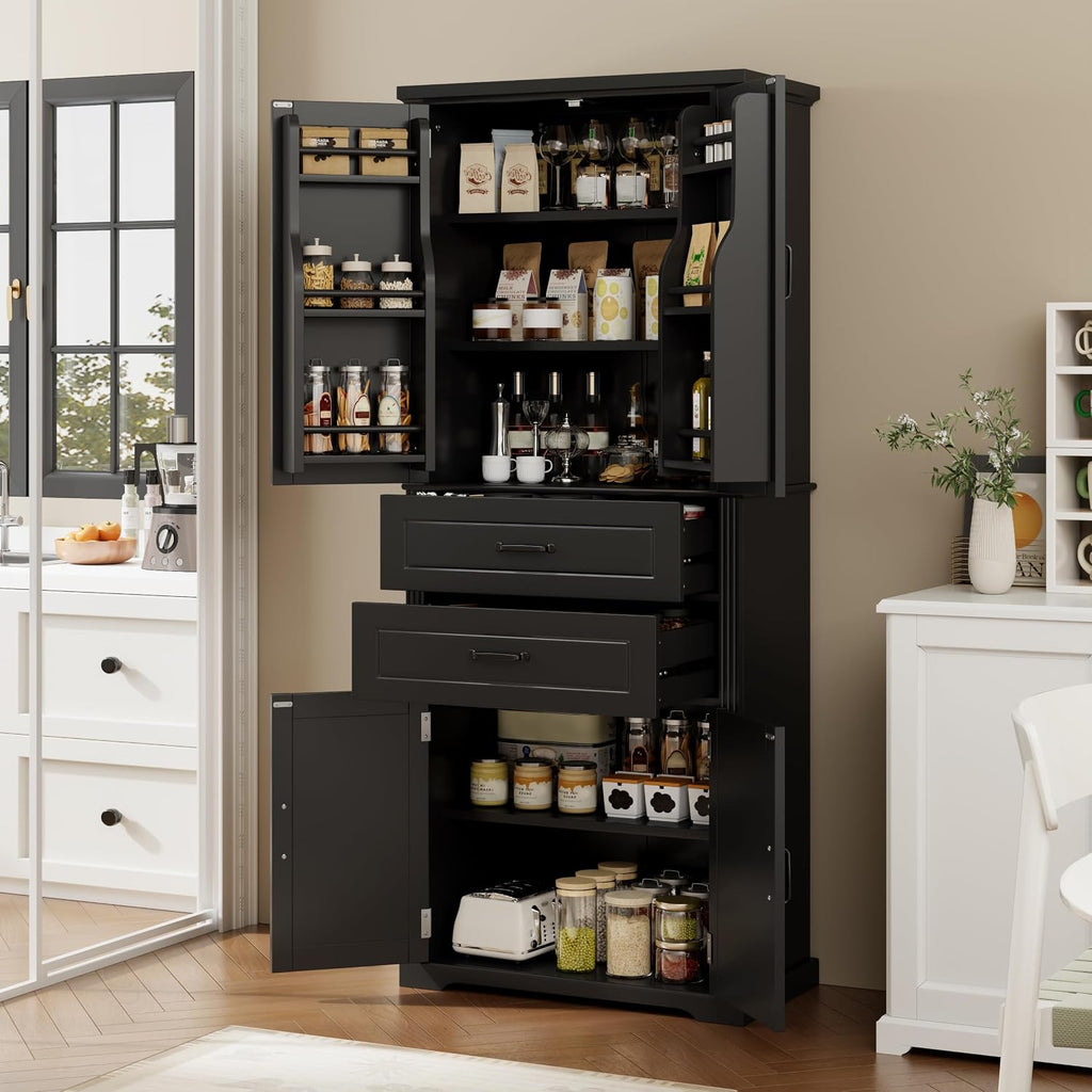 Storage Cabinet with 4 Doors and Drawers, 72.5' H Kitchen Cabinet with 6 Door Shelves, Kitchen Storage Cabinets with Adjustable Shelves for Living Room, Black