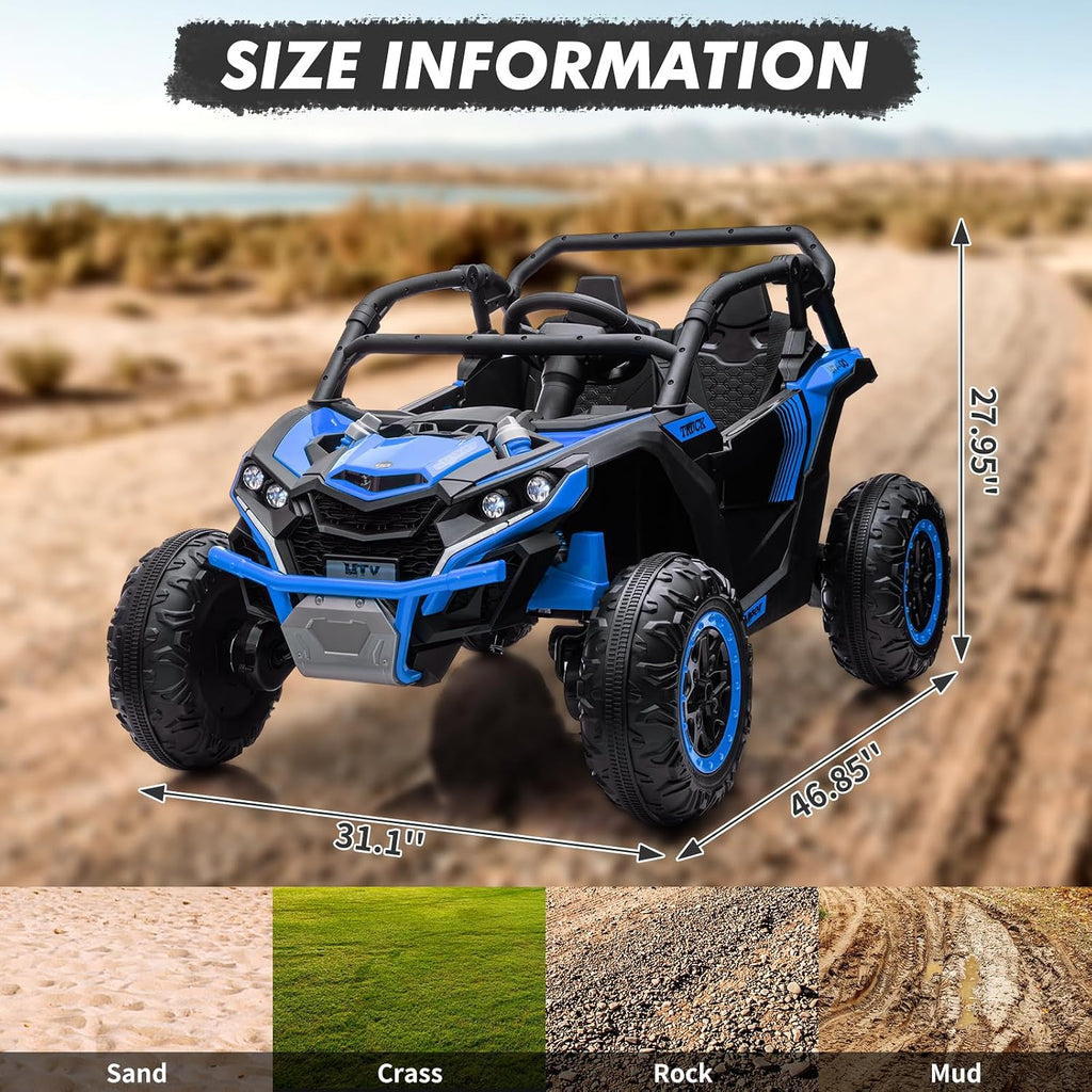 GarveeLife 24V Ride On Utv for Kids, 2 Seater 4WD Electric Truck with Remote Control, High and Low Speed Adjustment, Led Lights, 4-Wheel Shock Absorption, One Click Start, Music Player(Blue)