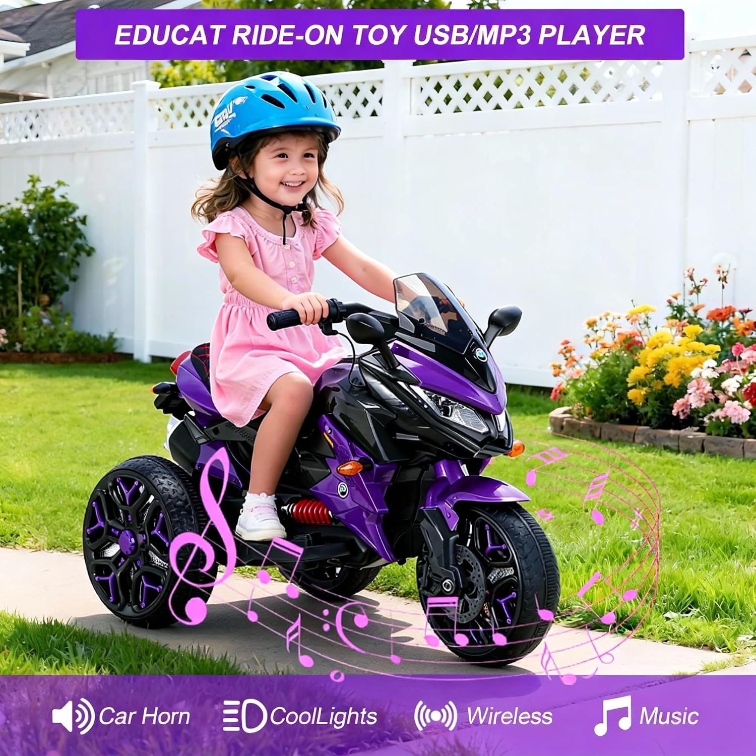 12V Kids Electric Motorcycle with Training Wheels | Plastic, PU seat, manual throttle, foot brake, USB, MP3, phone link, light-up wheels, ages 3-6, 45.3 W x 23.2 D x 28.7 H in