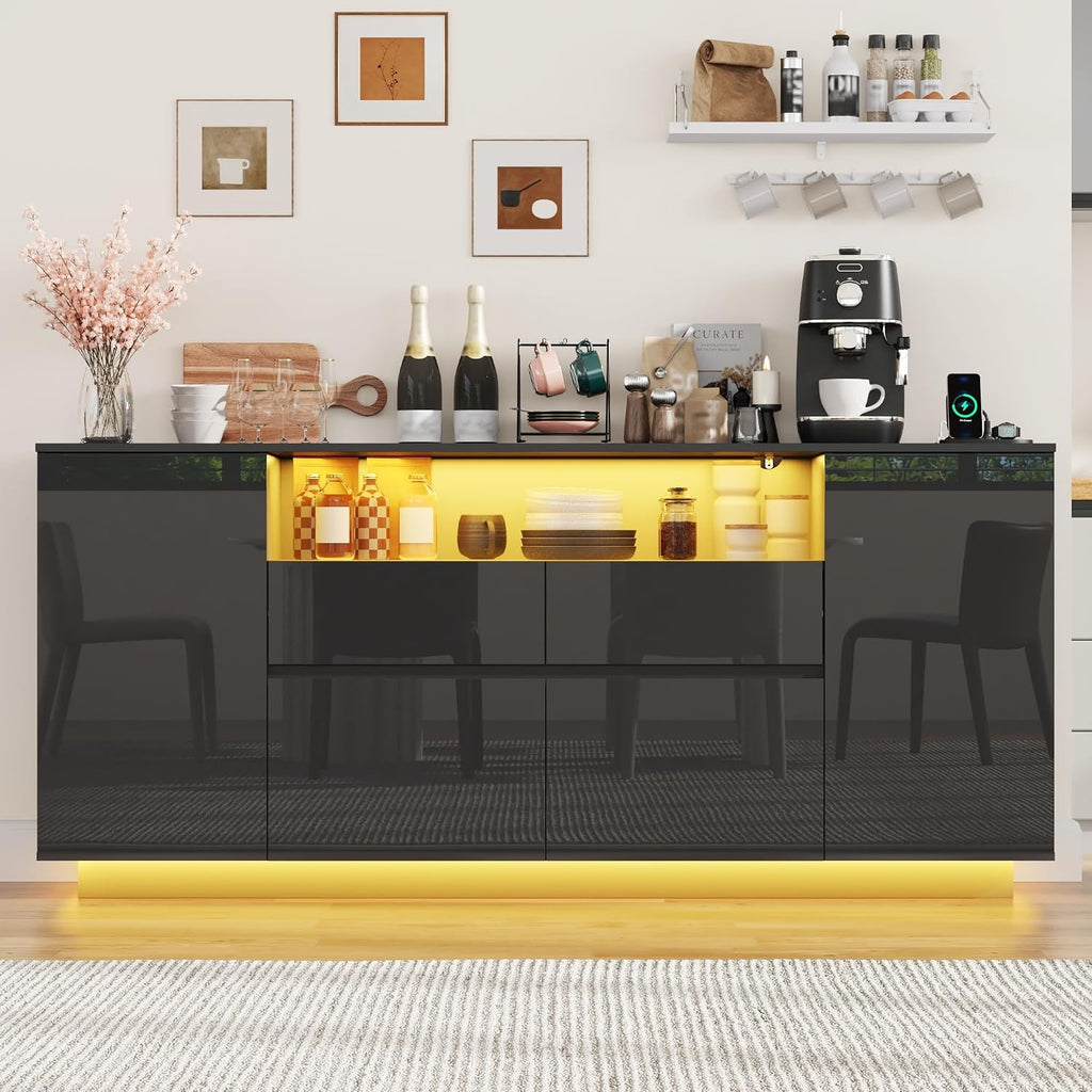 70 Inch Sideboard Buffet Cabinet with Storage, Kitchen Buffet Storage Cabinet with Power Outlets & LED Light, Coffee Bar Console Wine Bar with 2 Drawers & Door Shelves for Living Room, Kitchen, Black