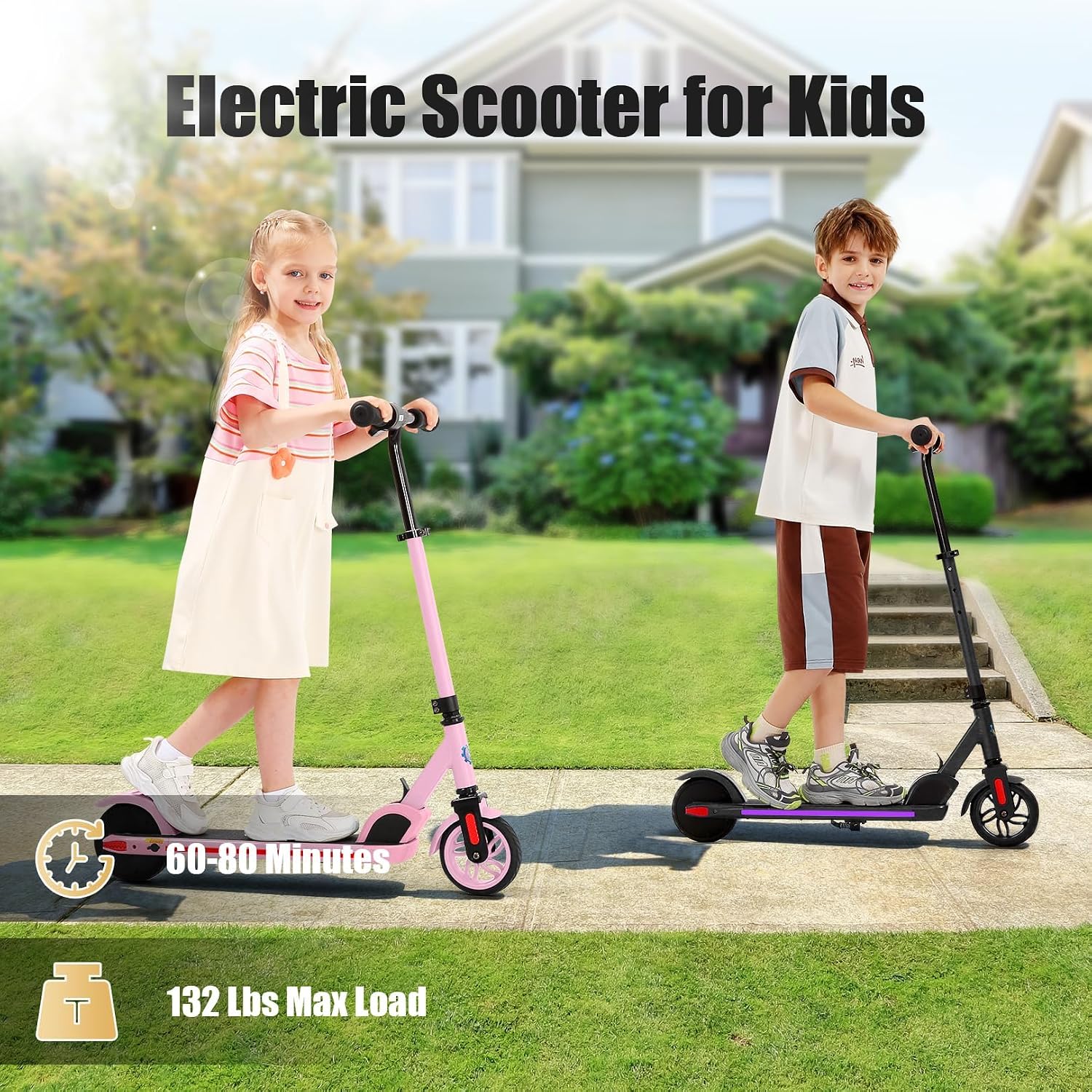 Caroma E35 Kids Electric Scooter for Ages 8-12, 150W Motor Up to 7 Miles Range & 10 MPH Speed, LED Display, Colorful Rainbow Lights, Adjustable Height, Foldable & Lightweight Design