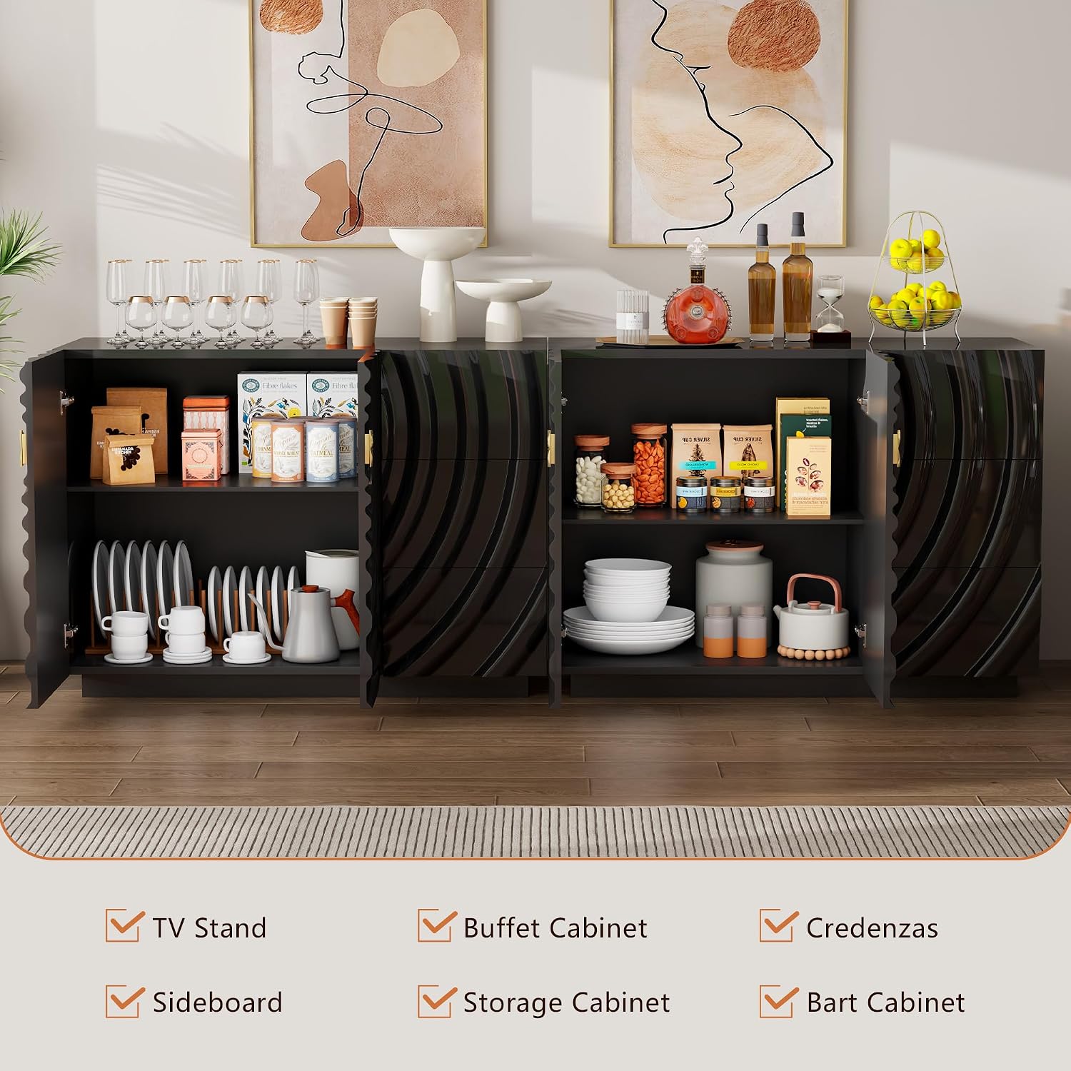 LVSOMT 47.2' Sideboard Buffet Cabinet, Modern Buff Storage Cabinet with Drawers, Adjustable Shelf, Spiral Pattern Accent Credenza, Coffee Bars for Kitchen Entryway (High Gloss Black)