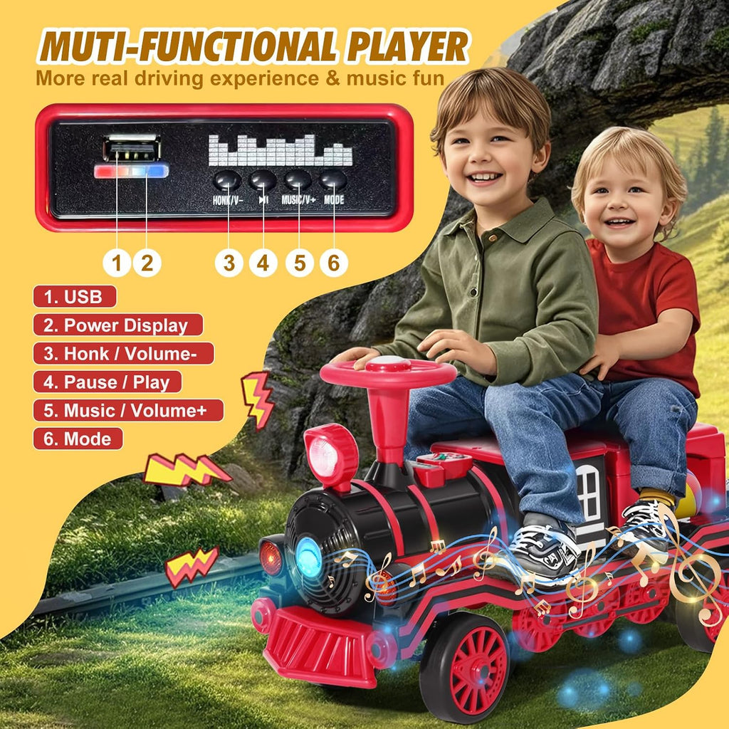 JOYLDIAS 2 Seater Ride On Train, 12V Kids Ride On Toy with Music, Train Honk, Lights, High/Low Speed and Storage, Electric Car for Kids Aged 3+, Red