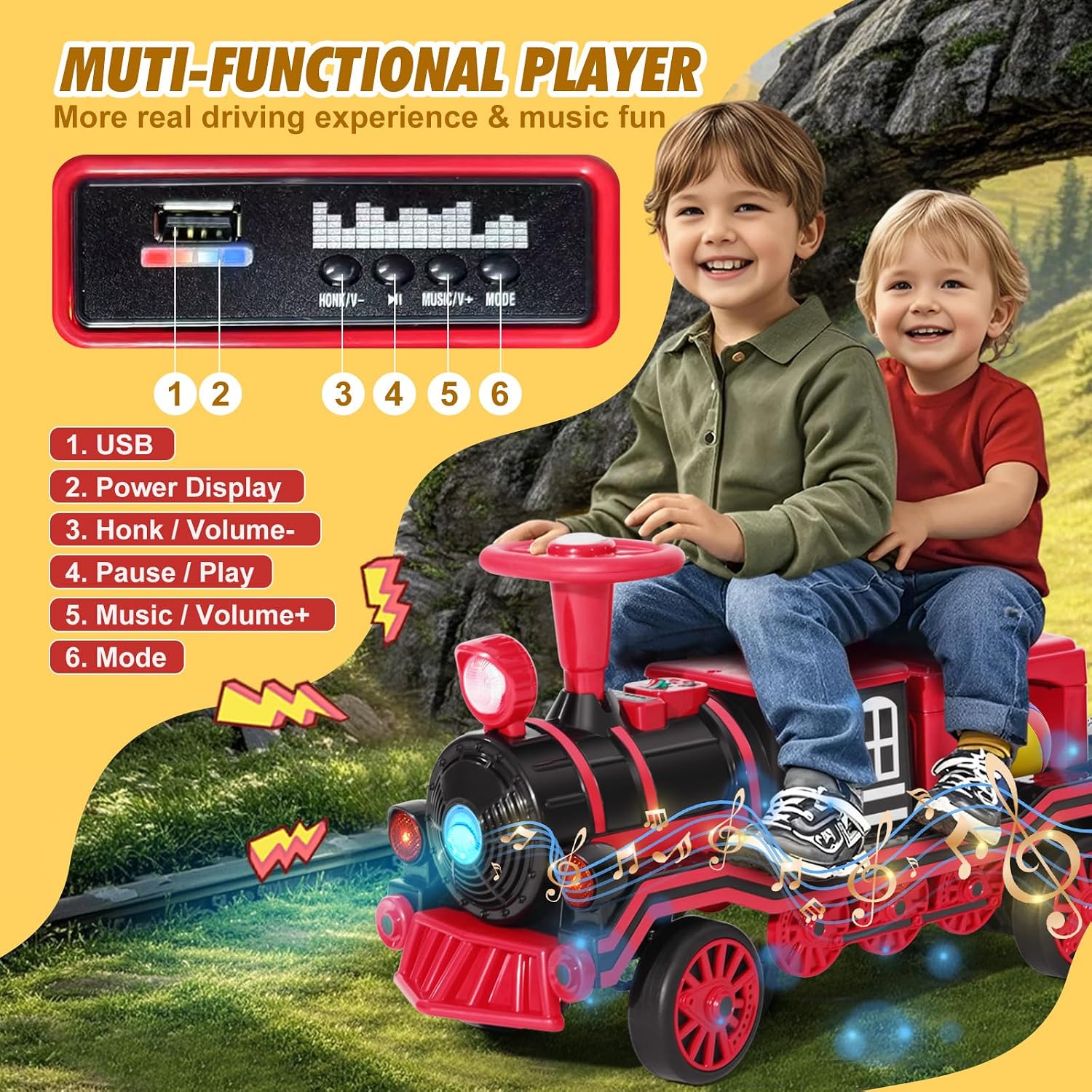 JOYLDIAS 2 Seater Ride On Train, 12V Kids Ride On Toy with Music, Train Honk, Lights, High/Low Speed and Storage, Electric Car for Kids Aged 3+, Red