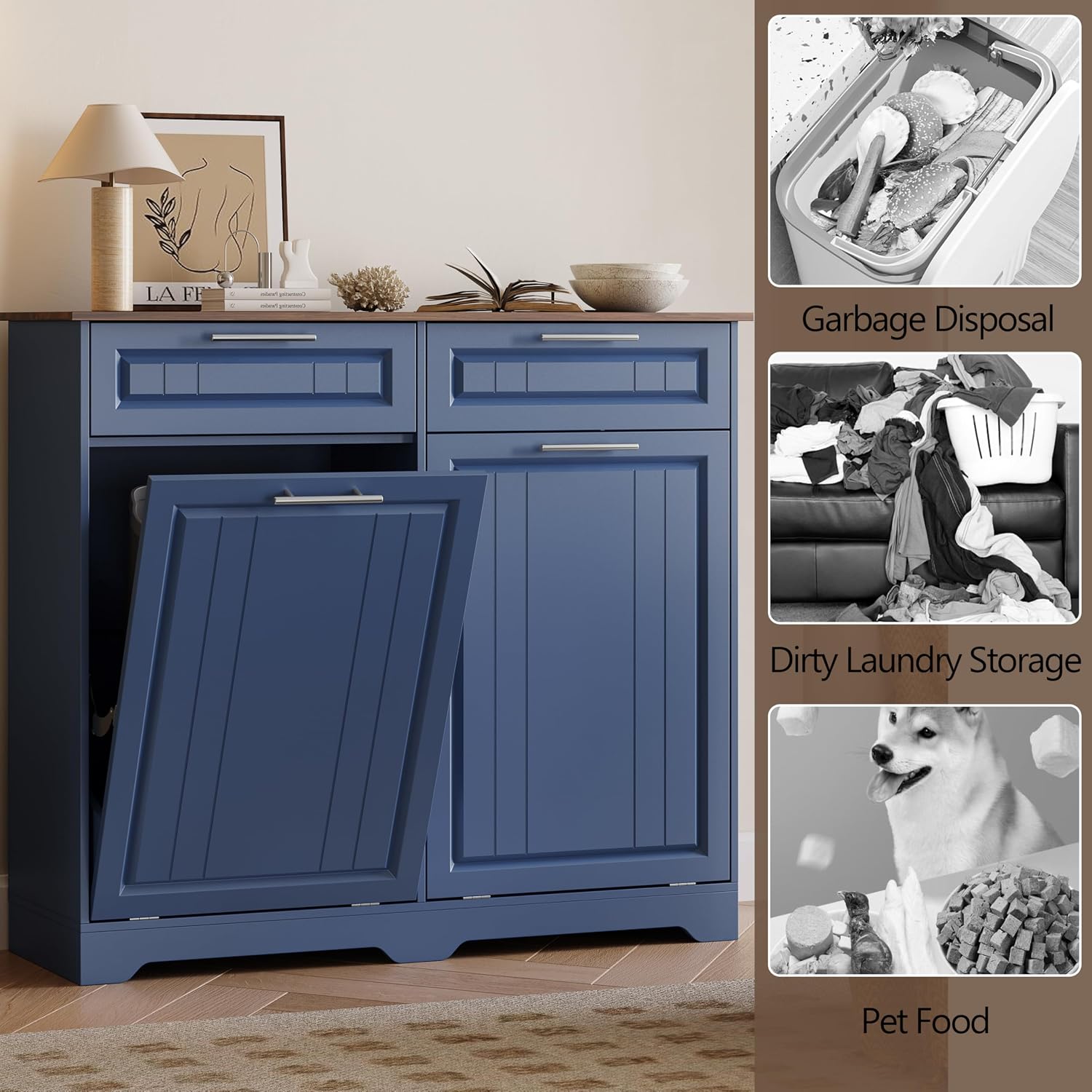 2 x 10 Gallon Double Tilt Out Trash Can Cabinet with Deodorizing Function & Charging Station, Hidden Laundry Hamper Cabinet with Storage Drawers, Garbage Can Holder for Kitchen, Bathroom, Blue