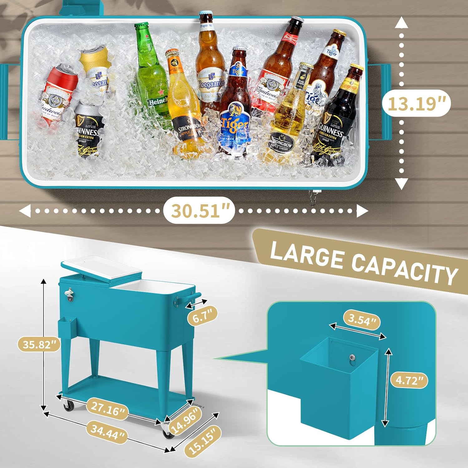 Outvita 80 Quart Rolling Ice Chest, Portable Bar Drink Cooler with Catch Basin, Bottom Storage Tray and Bottle Opener for Patio Party BBQ Beach Activities