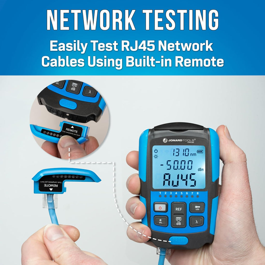 Jonard Tools FPM-50S Mini Optical Power Meter - 3-in-1 Tool, OPM (-50 to +26dBm), VFL, RJ45 Network Tester, 800-1650nm Range, FC & LC Adapters