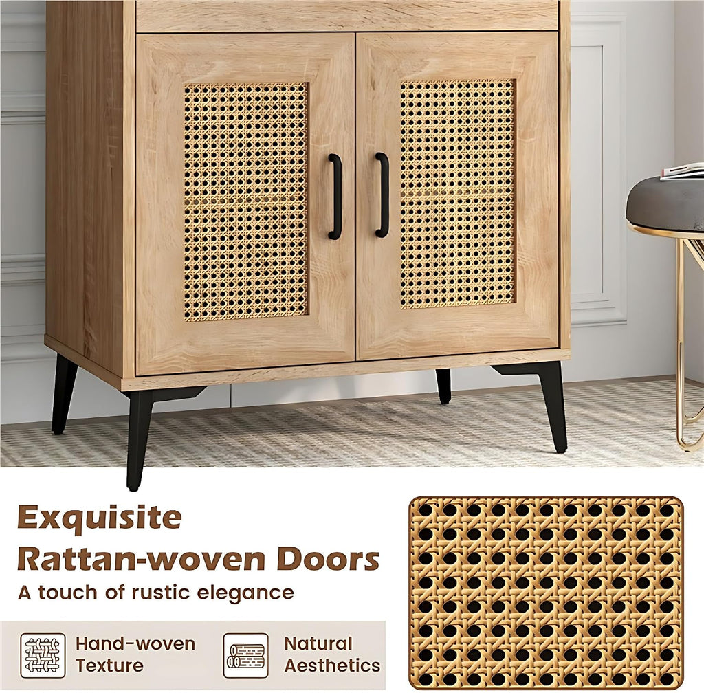 LDAILY Kitchen Pantry Cabinet, Rattan Buffet Cabinet with Hutch, DIY Pegboard, Adjustable Shelf, Drawer, Farmhouse Sideboard Buffet Cabinet with Storage for Coffee Bar, Natural Oak