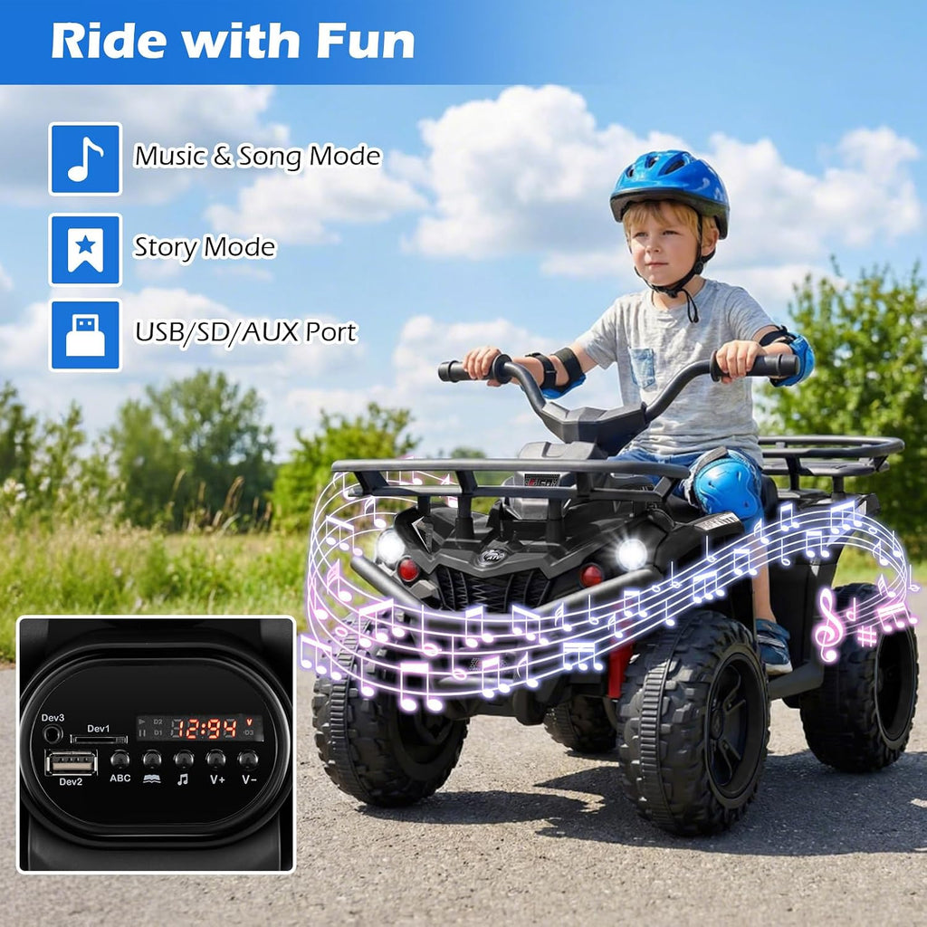 OLAKIDS 24V Kids ATV Quad with 2 Speeds, Spring Suspension, LED Lights, Music & Story Player, Big Tires, 2 Storage Spaces, Ride On Car for Boys Girls Ages 3+ (24V, Dark)