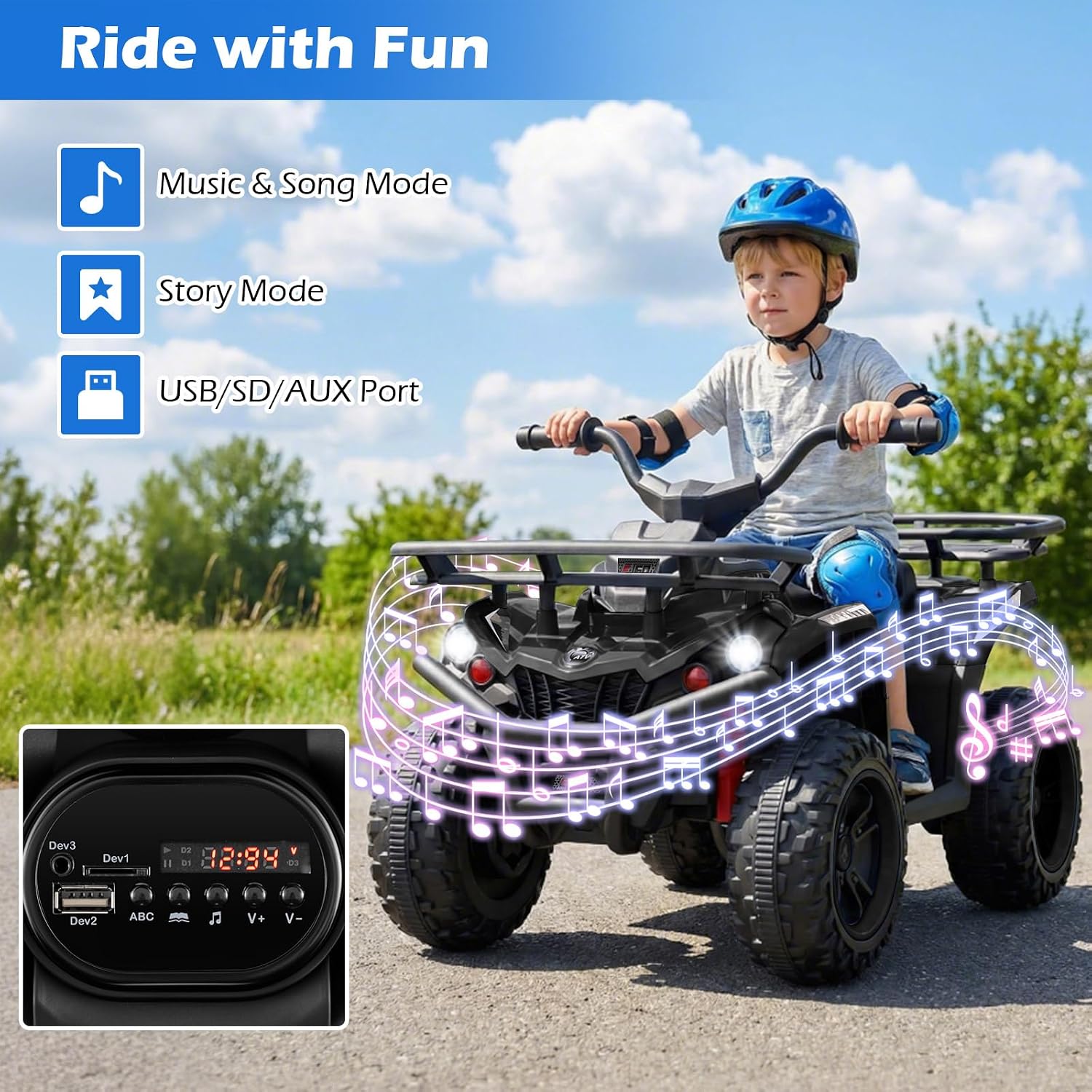 OLAKIDS 24V Kids ATV Quad with 2 Speeds, Spring Suspension, LED Lights, Music & Story Player, Big Tires, 2 Storage Spaces, Ride On Car for Boys Girls Ages 3+ (24V, Dark)