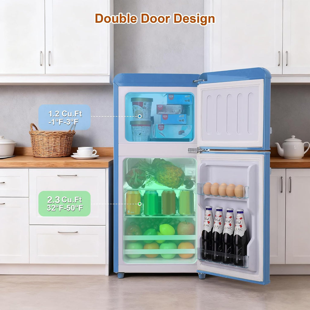 Retro Mini Fridge with Freezer 3.5 Cu. Ft, Small Refrigerator with 7 Level Adjustable Thermostat, Compact Classic Dual Door Fridge Removable Glass Shelves for Apartments, Dorm, Office, Blue