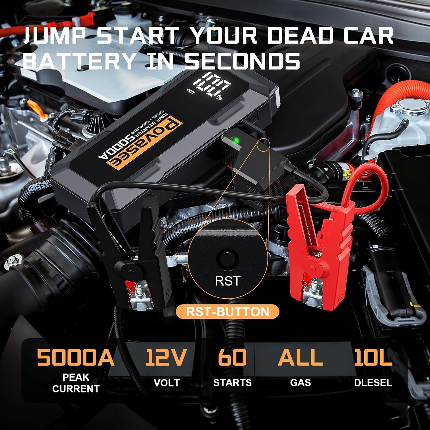 5000A Jump Starter | Povasee A40 Car Battery Jump Starter, 12V Portable Power Pack for All Gas & 10L Diesel Engines, with 3' LCD Display, Dual USB Output & Multi-Mode LED Light