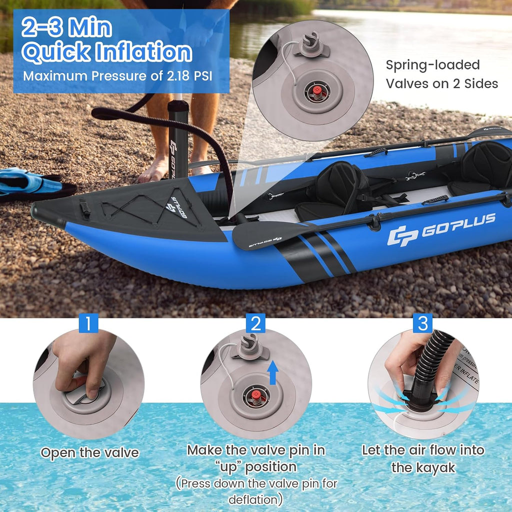 Goplus Tandem Inflatable Kayak, 12.5FT 2-Person Kayak for Adults w/507 LBS Weight Capacity, 2 Aluminium Oars, Padded Seat, 2 Fins, Hand Pump, Carry Bag, Repair Kit, Portable Touring Kayaks