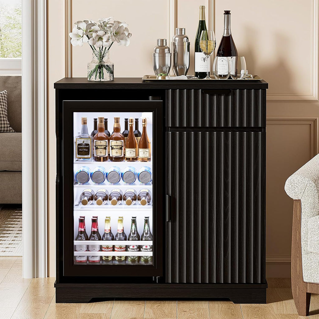 Mini Fridge Cabinet (Fridge Included), Fluted Coffee Bar Cabinet with Refrigerator, Pull Out Drawer & Storage Cabinets, 31.5' Liquor Wine Bar Cabinet for Home, Kitchen, Dining Room, Blac
