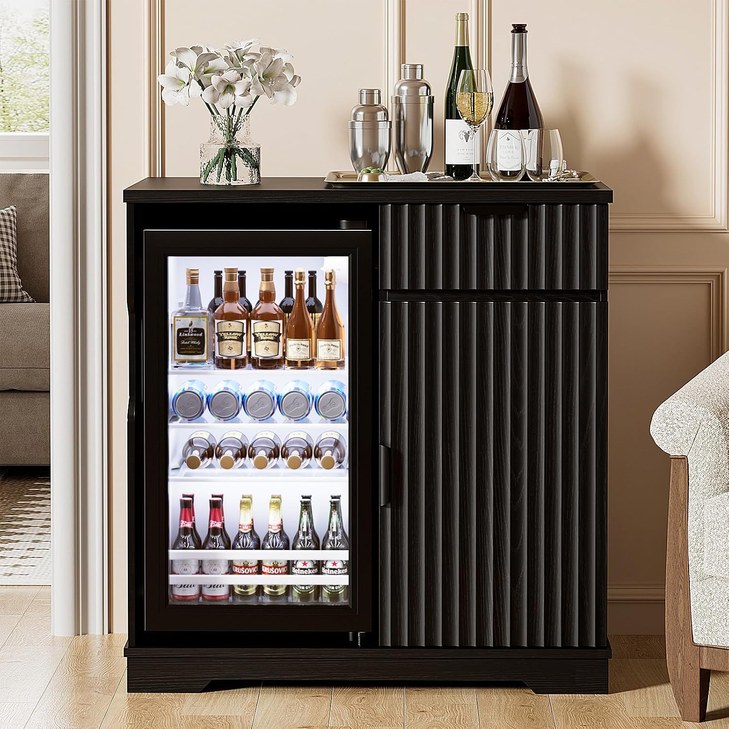 Mini Fridge Cabinet (Fridge Included), Fluted Coffee Bar Cabinet with Refrigerator, Pull Out Drawer & Storage Cabinets, 31.5' Liquor Wine Bar Cabinet for Home, Kitchen, Dining Room, Blac