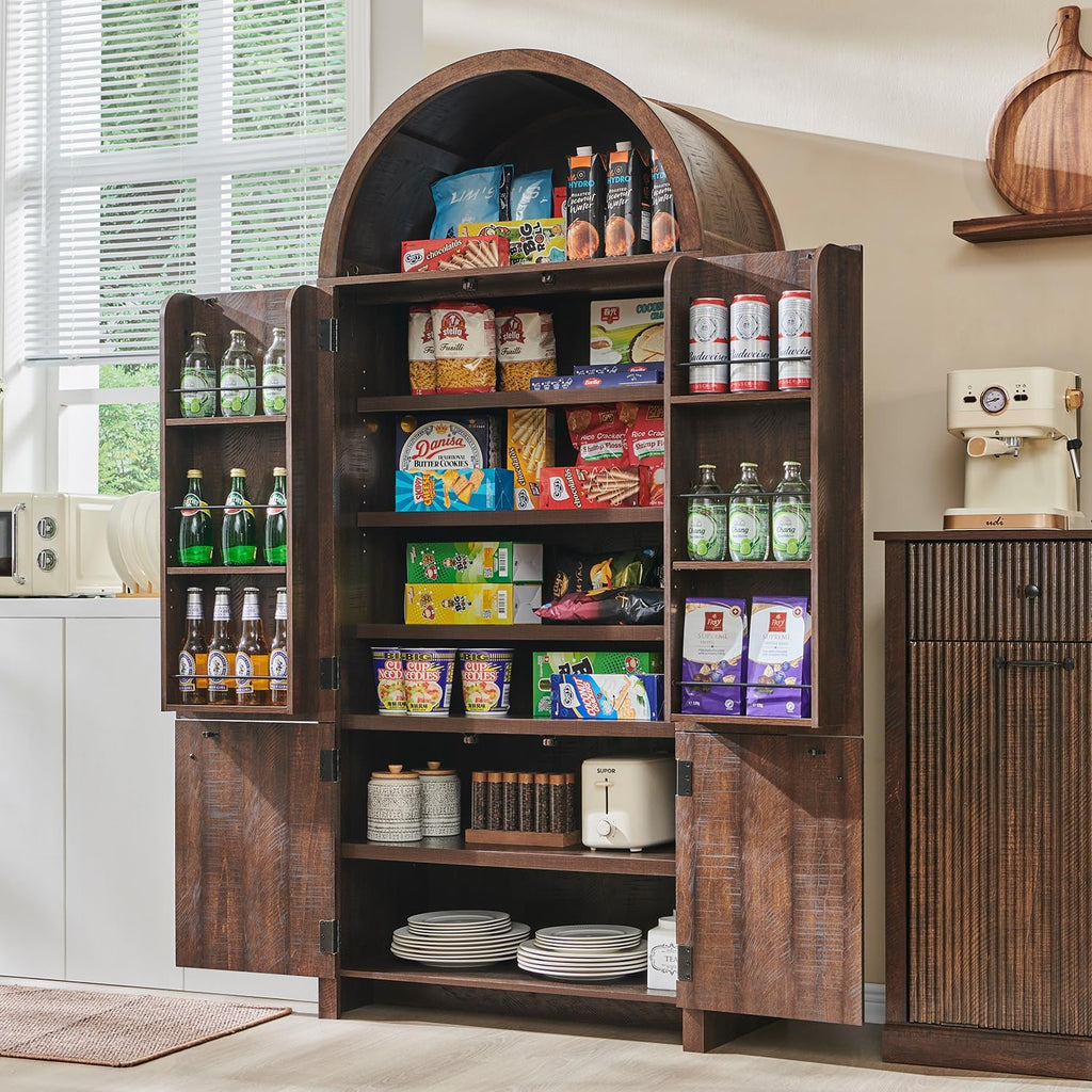 IFBUY 71' Tall Arched Bathroom Storage Cabinet, Modern Fluted Storage Cabinet w/Doors, 3 Adjustable Shelves, 6 Door Shelves, Wood Freestanding Cabinet for Bathroom, Entryway, Hallway, Brown