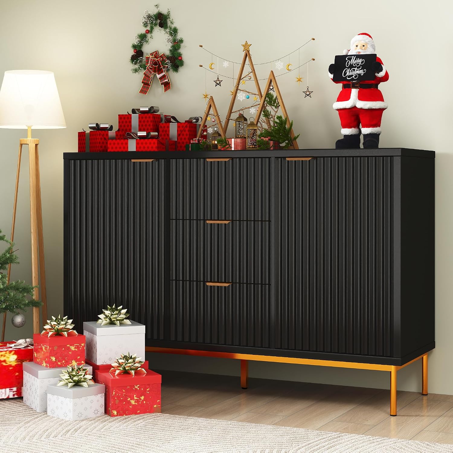 Real Relax Fluted Sideboard Cabinet, Modern Sideboard Buffet Cabinet with Storage, Coffee Bar Credenza Buffet Table with 2 Doors 3 Drawers for Kitchen, Living, Dining Room, Black