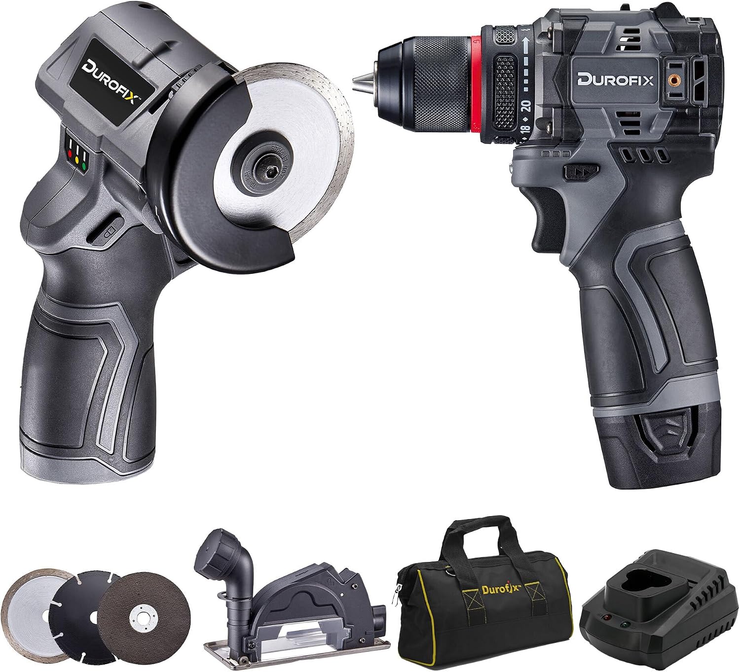Durofix G12 Series RK12136-2-K3 12V Cordless 3/8' Hammer Drill Power Tool Combo Kit with 3 Inch Compact Cut Off Tool, 1 Battery & Charger