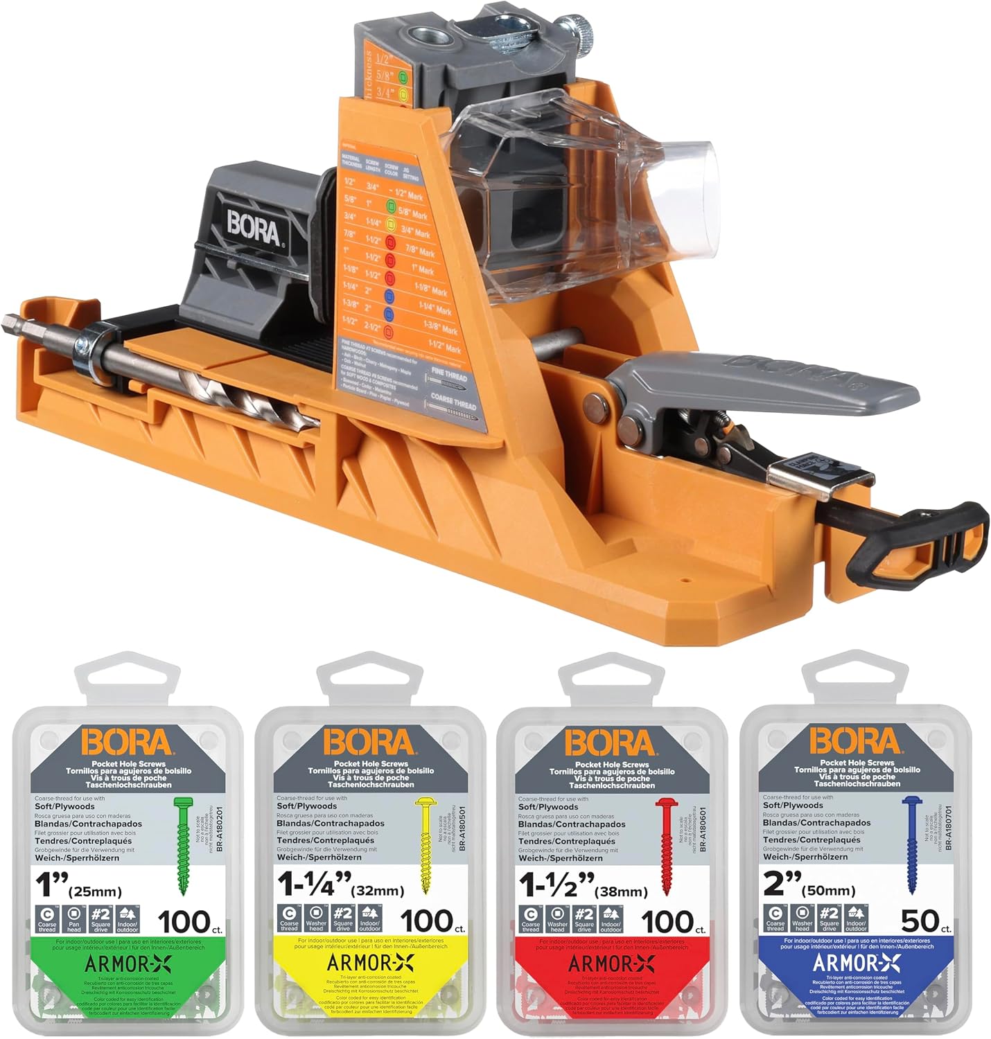 BORA Automatic Pocket Hole Jig with 350 pc Pocket Hole Screw Set, Auto Adjusting Drill Guide, Pocket Hole Jig Kit for Woodworking - For Materials 1/2' to 1-1/2' Thick, Power Tool Accessory Jigs