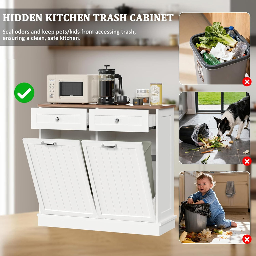 KIGOTY Double Tilt Out Trash Can Cabinet, 20 Gallon Hidden Trash Storage Cabinet with 2 Hideaway Drawers, Freestanding Trash Can for Kitchen, Wooden Laundry Hamper Cabinet, Pet Proof (White-Walnut)