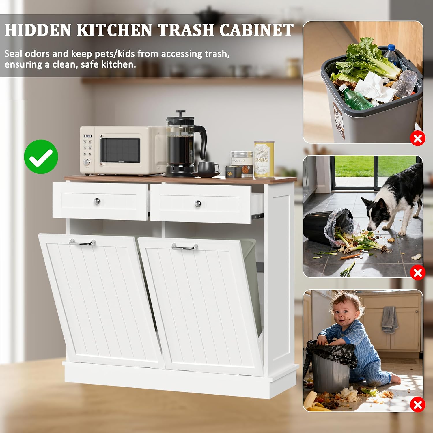 KIGOTY Double Tilt Out Trash Can Cabinet, 20 Gallon Hidden Trash Storage Cabinet with 2 Hideaway Drawers, Freestanding Trash Can for Kitchen, Wooden Laundry Hamper Cabinet, Pet Proof (White-Walnut)