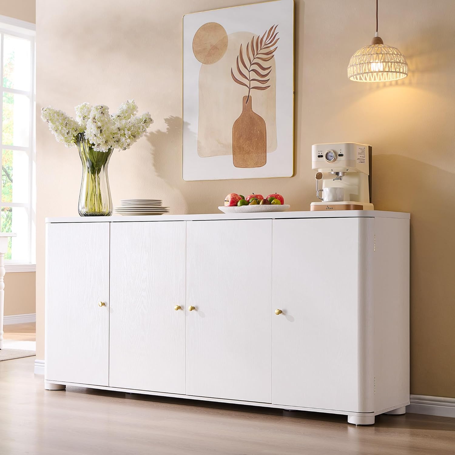 IFGET Curved Buffet Cabinet with Doors, 66' Large Sideboard Buffet Storage Cabinet with 4 Doors and Shleves, Modern Coffee Bar Station Wood Kitchen Table for Kitchen, Dining Room, White