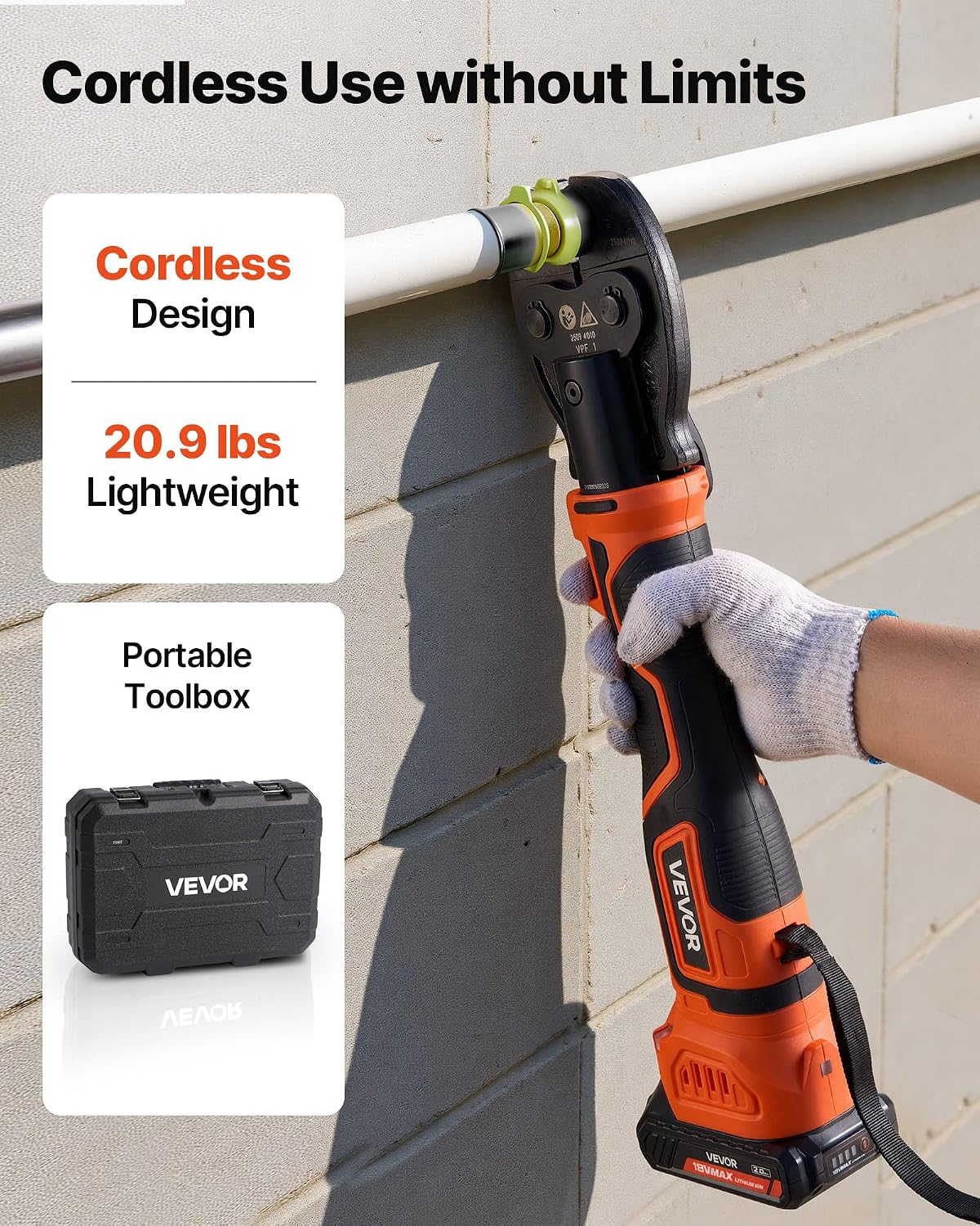 VEVOR Press Tool, 18V Electric Pipe Crimping Tool for 1/2' 3/4' 1' PEX Pipe Stainless Steel Rings, 24KN PEX Press Tool Compatible with PureFlow - with 3 VPF Jaws, 2pcs 2AH Batteries, Charger & Toolbox