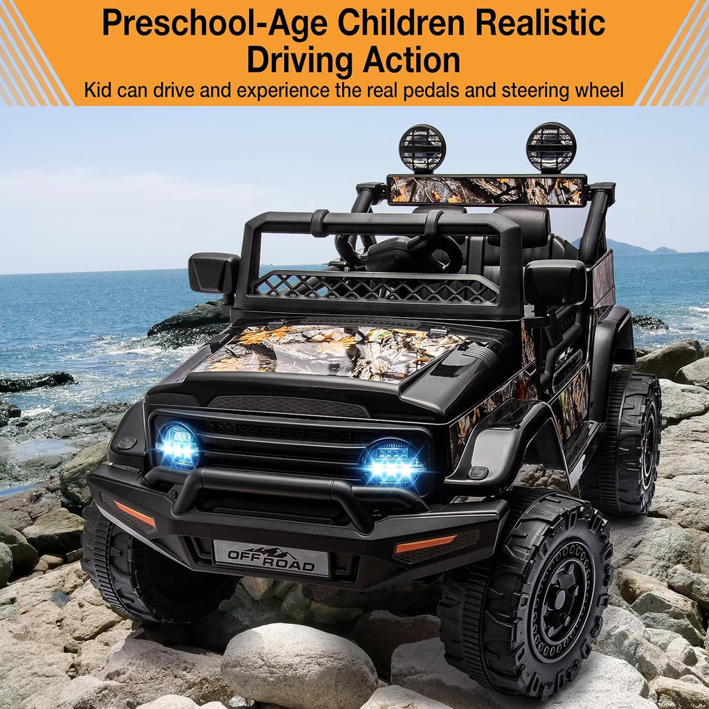 2 Seater Ride On Car for Kids, 12V Electric Truck with Parent Remote Control, Spring Suspension, 2 Speeds, LED Headlight & Music Player, Kids Electric Vehicle for Aged 3-8 Years, Black
